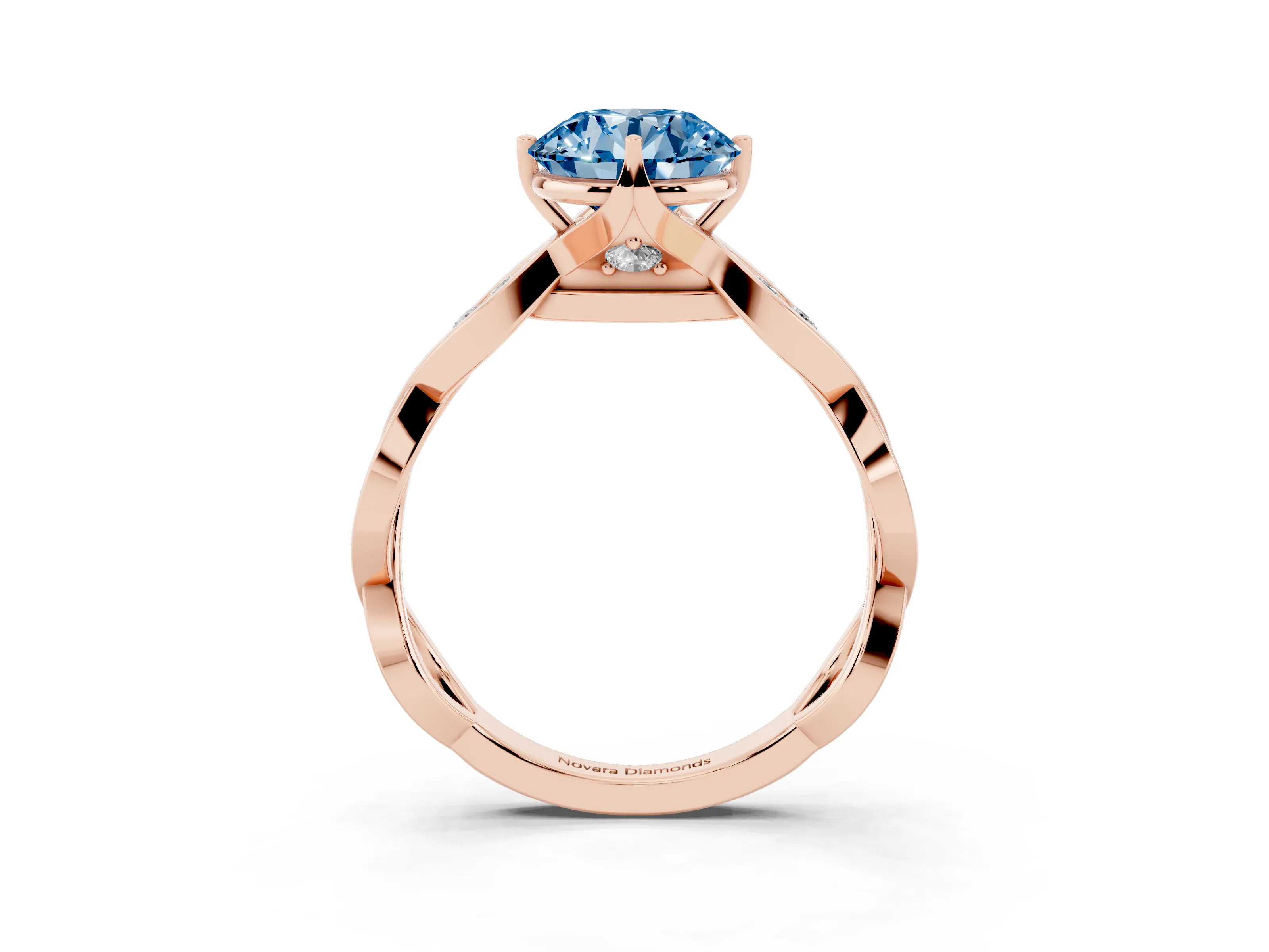 Fancy Blue Round Cut Diamond Twist Band Solitaire Ring Set in Rose gold with Leaf Prong Setting and Accent Stones