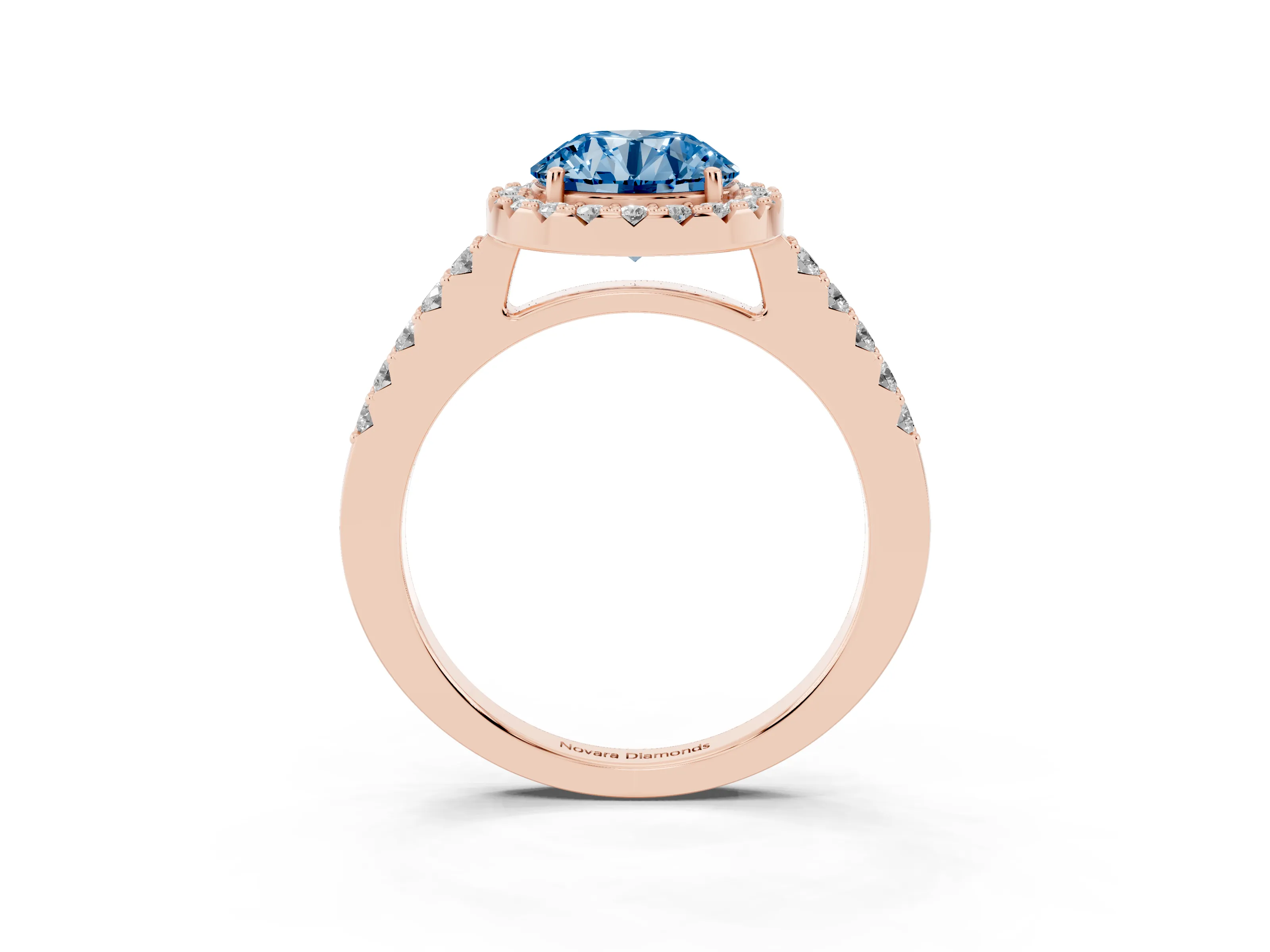 Fancy Blue Round Cut Diamond Halo Pavé Solitaire Ring Set in Rose gold with Prong-Set Center Stone