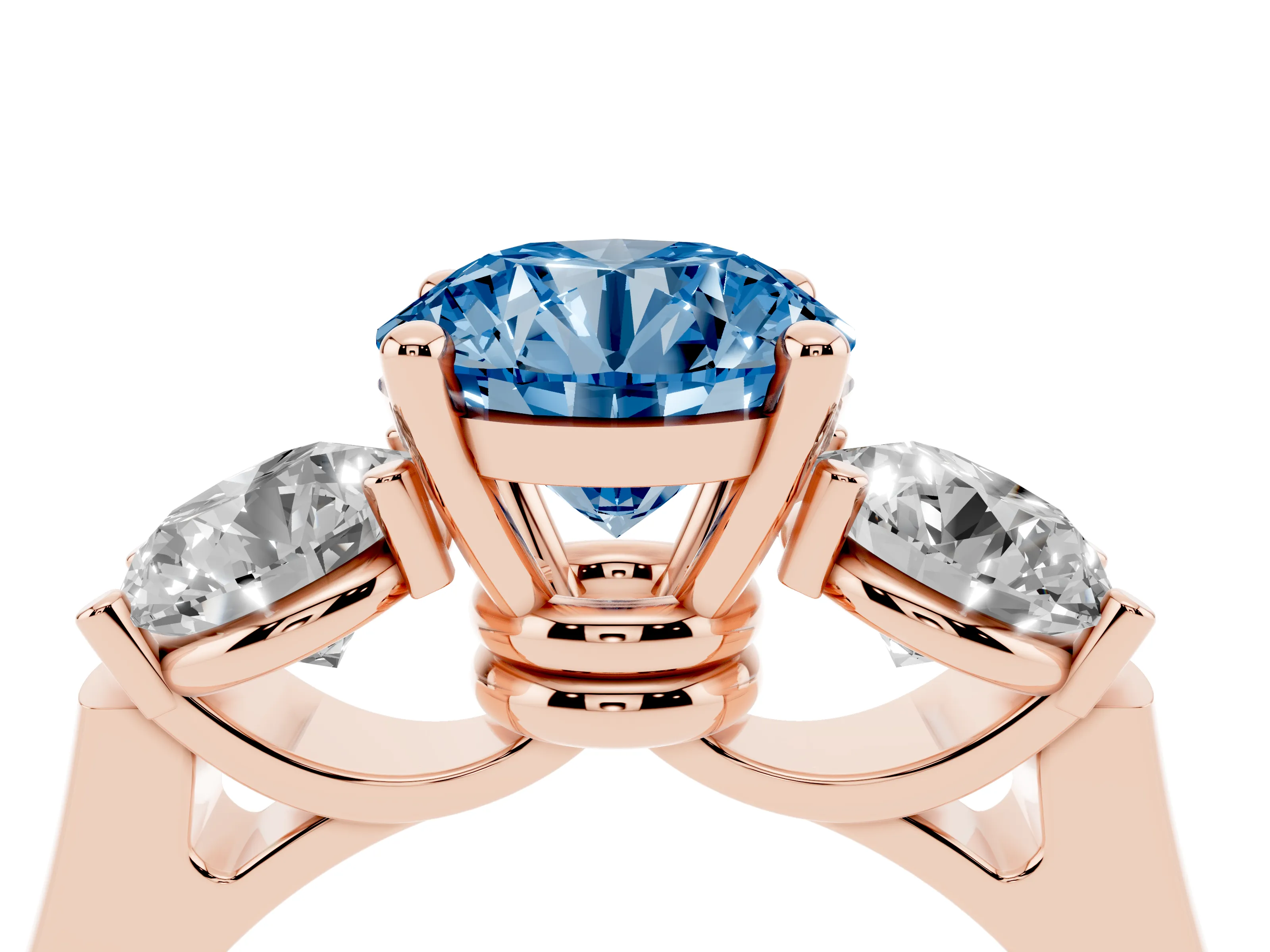 Fancy Blue Round Cut Diamond Three-Stone Trellis Ring Set in Rose gold with Comfort Fit Band