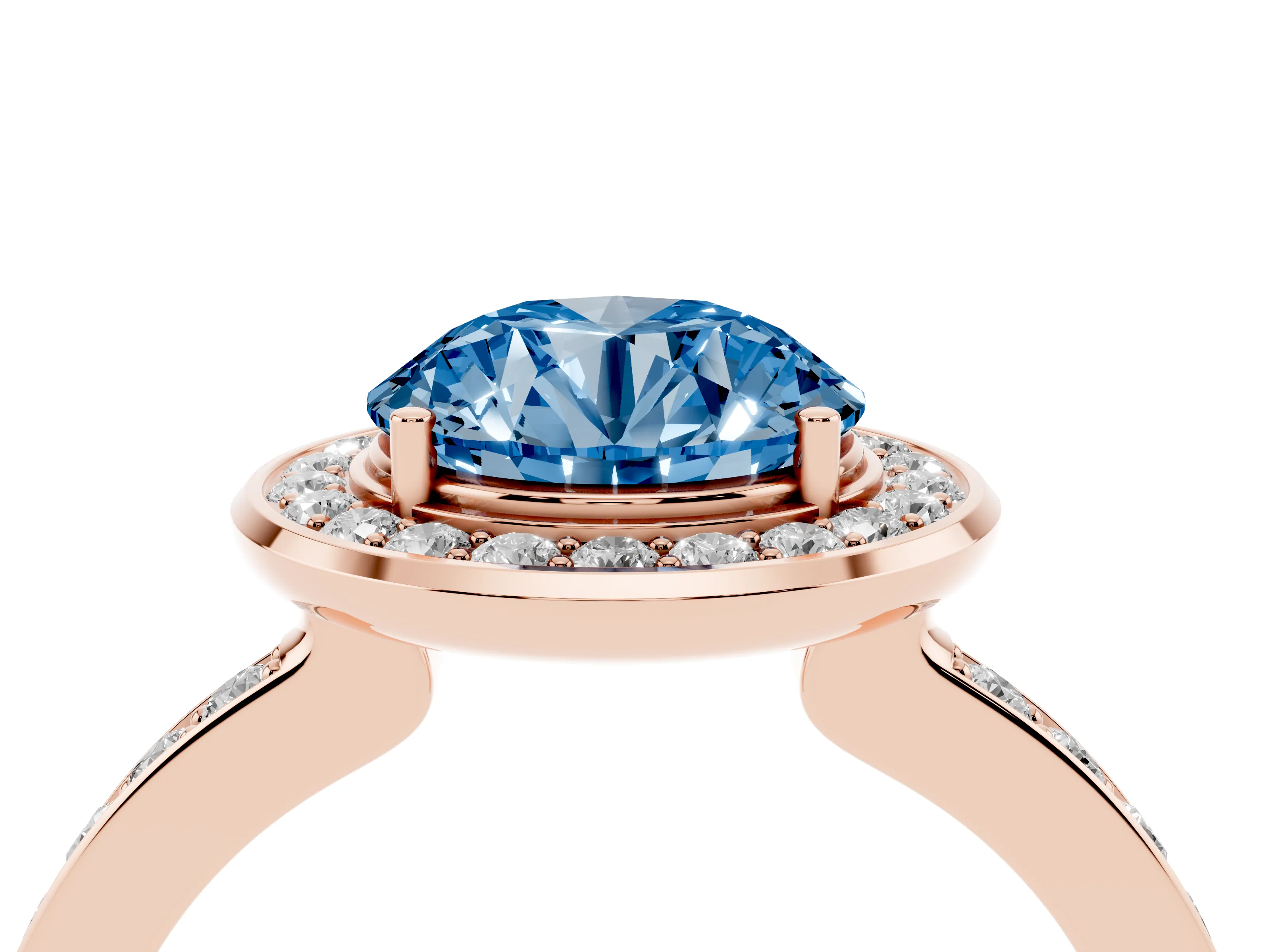 Fancy Blue Round Cut Diamond Halo Ring Set in Rose gold with Bezel Frame and Pavé Band