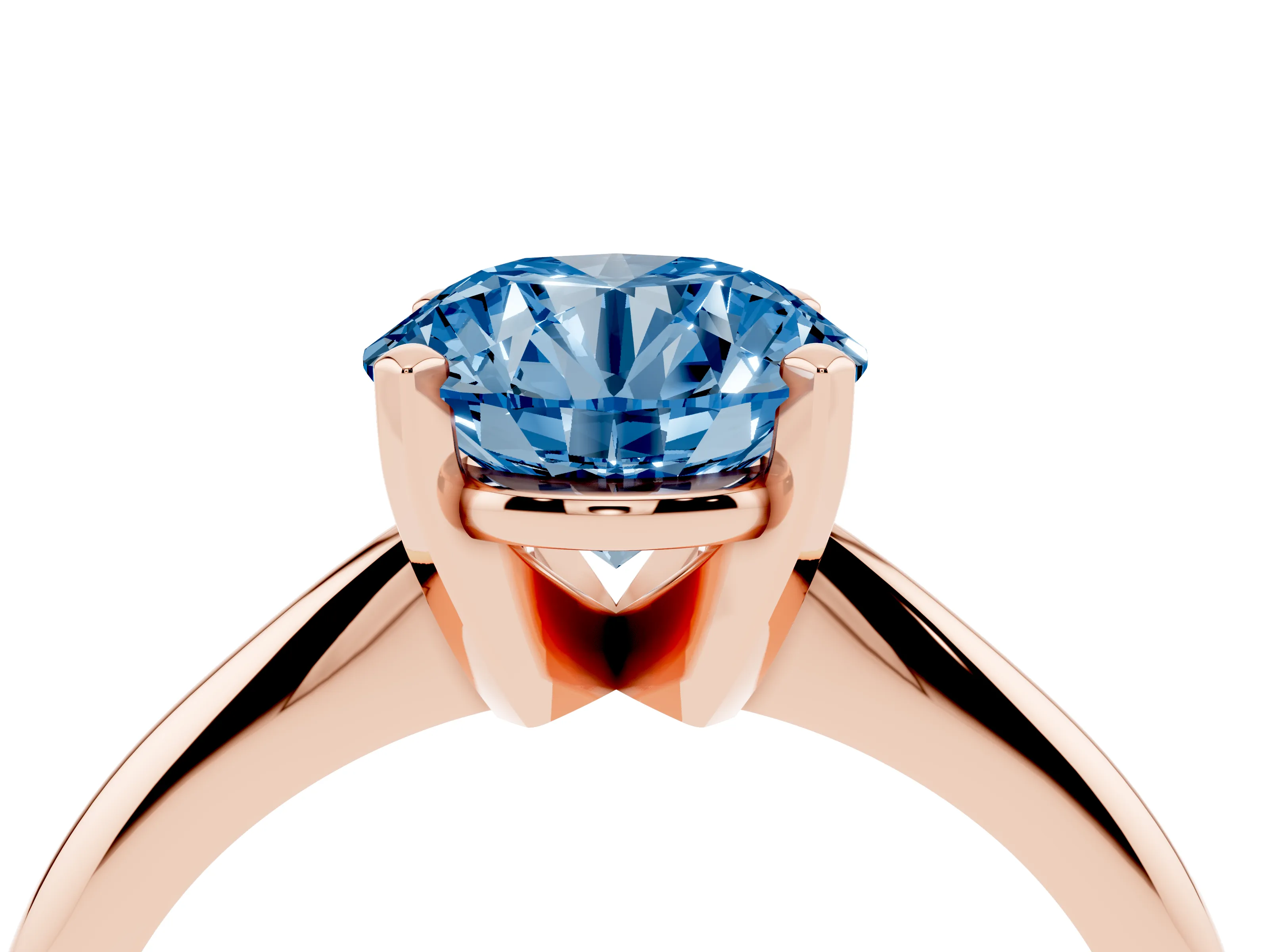 Fancy Blue Round Cut Diamond Solitaire Ring Set in Rose gold with Prong Setting on a Plain Round Band