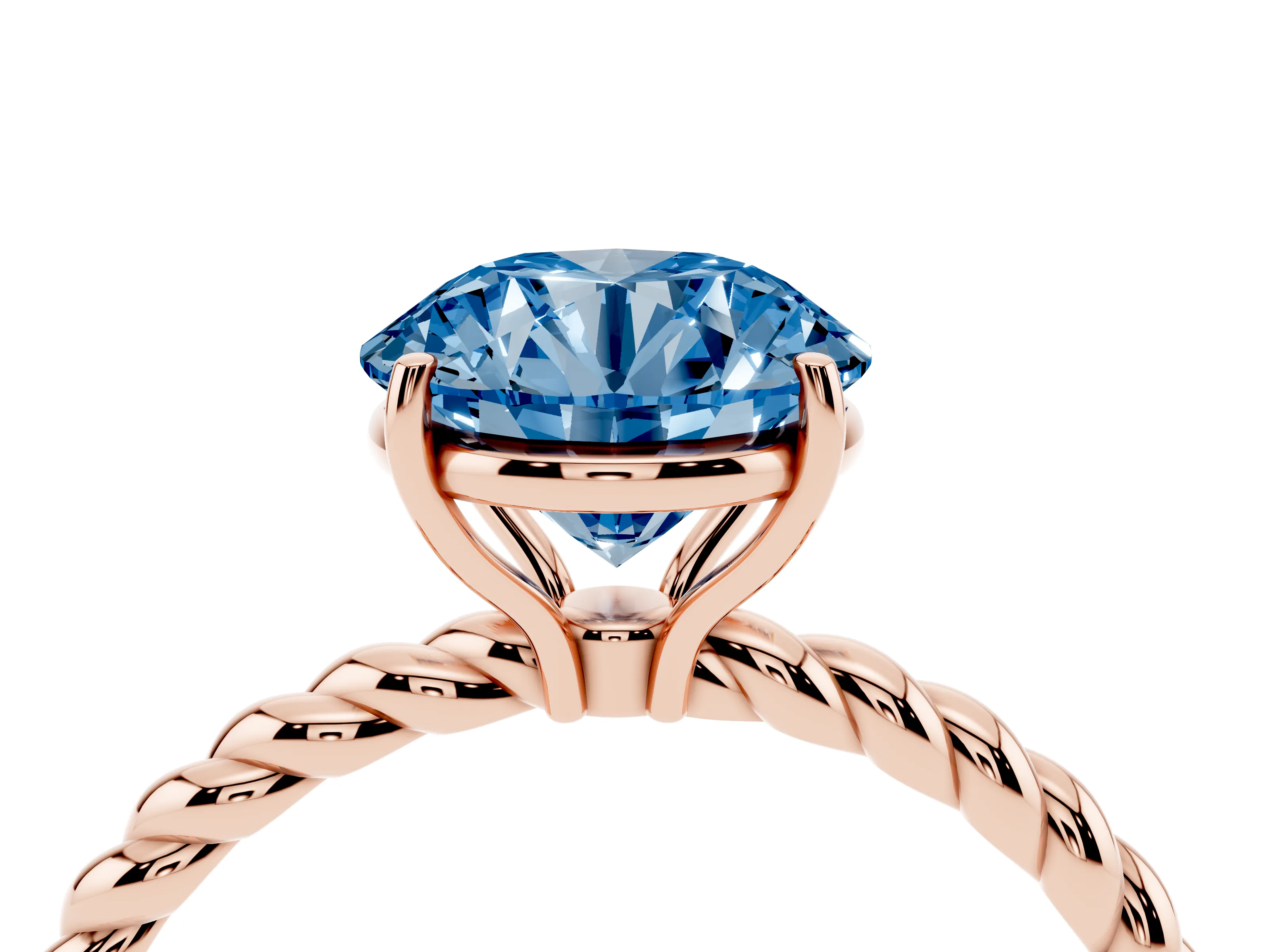 Fancy Blue Round Cut Diamond Solitaire Ring Set in Rose gold with Twist Band and Prong Setting