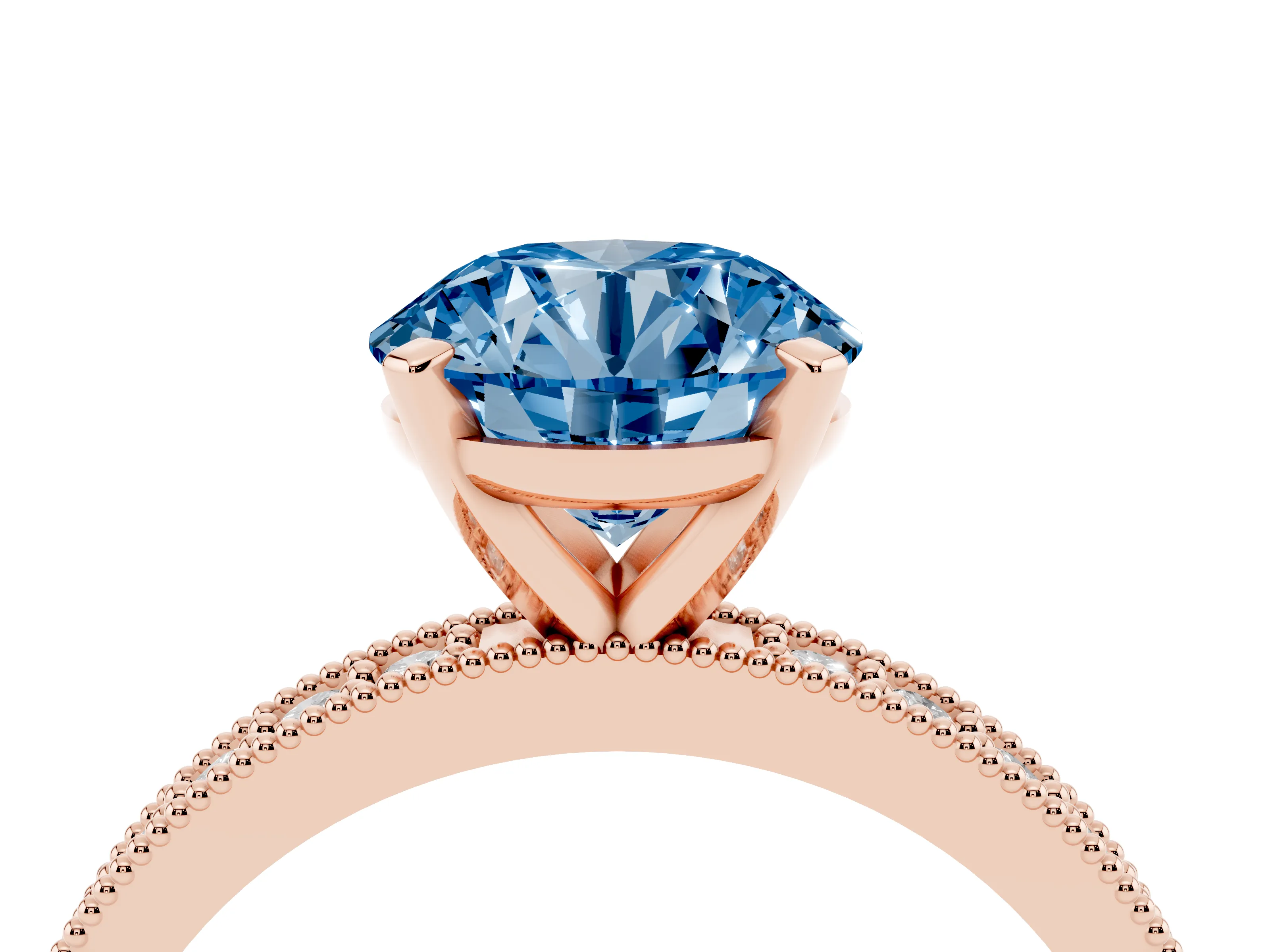 Fancy Blue Round Cut Diamond Milgrain Pavé Engagement Ring Set in Rose gold with Prong Setting