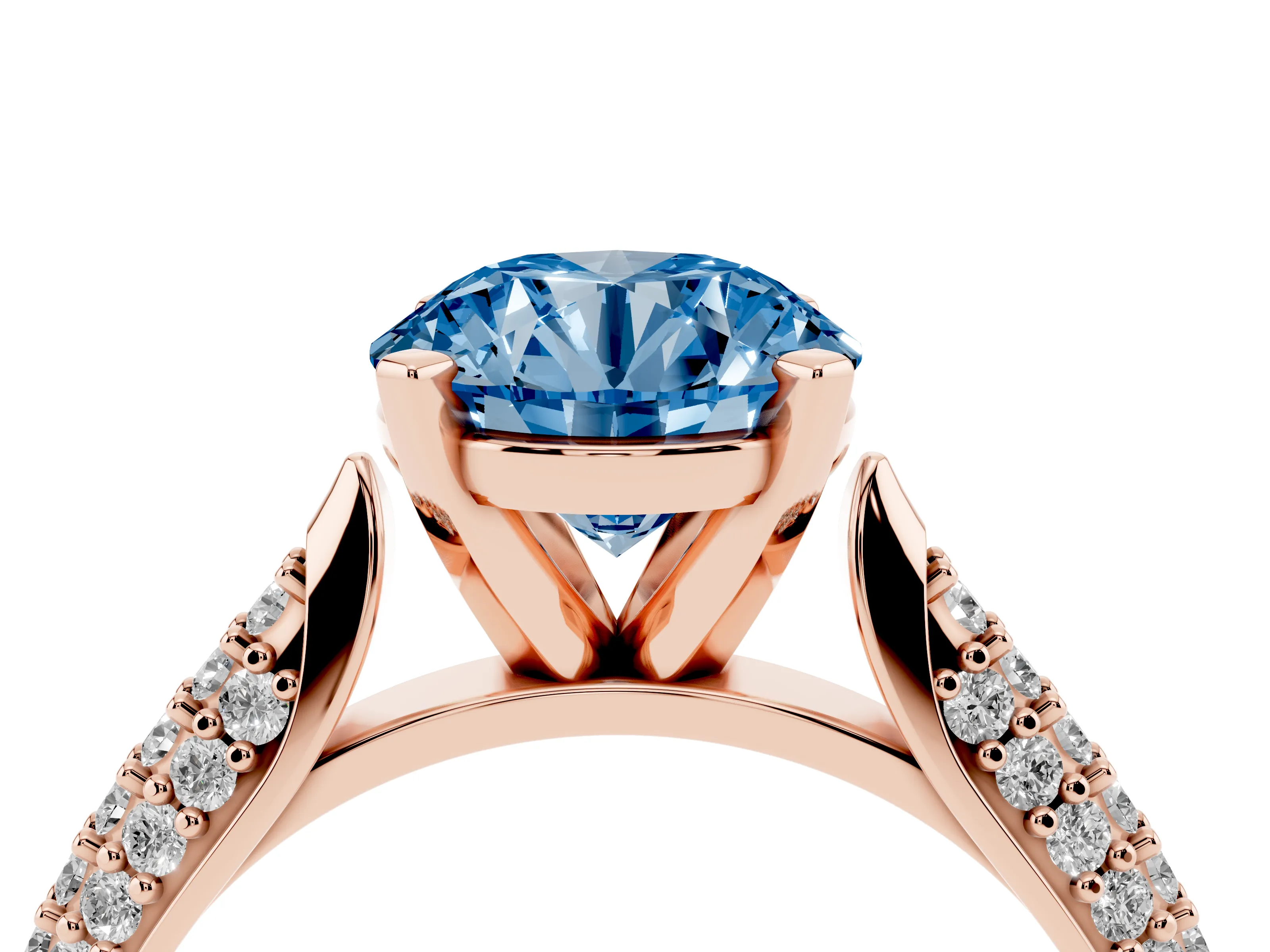 Fancy Blue Round Cut Diamond Solitaire Engagement Ring Set in Rose gold with Multi-Row Round Pavé Band and Prong Setting