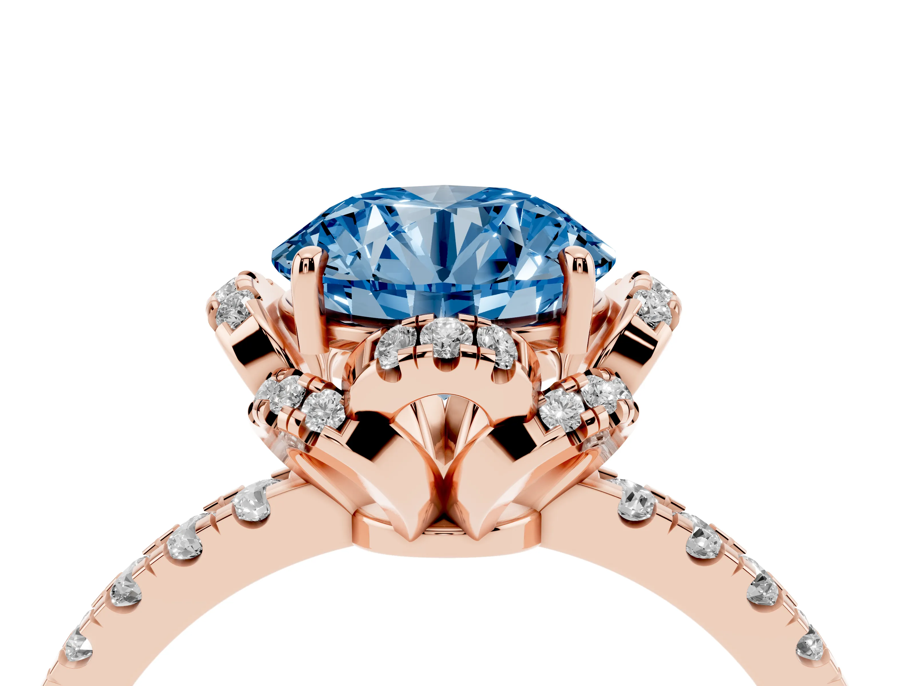 Fancy Blue Round Cut Diamond Halo Pavé Band Ring Set in Rose gold with Prong-Held Center