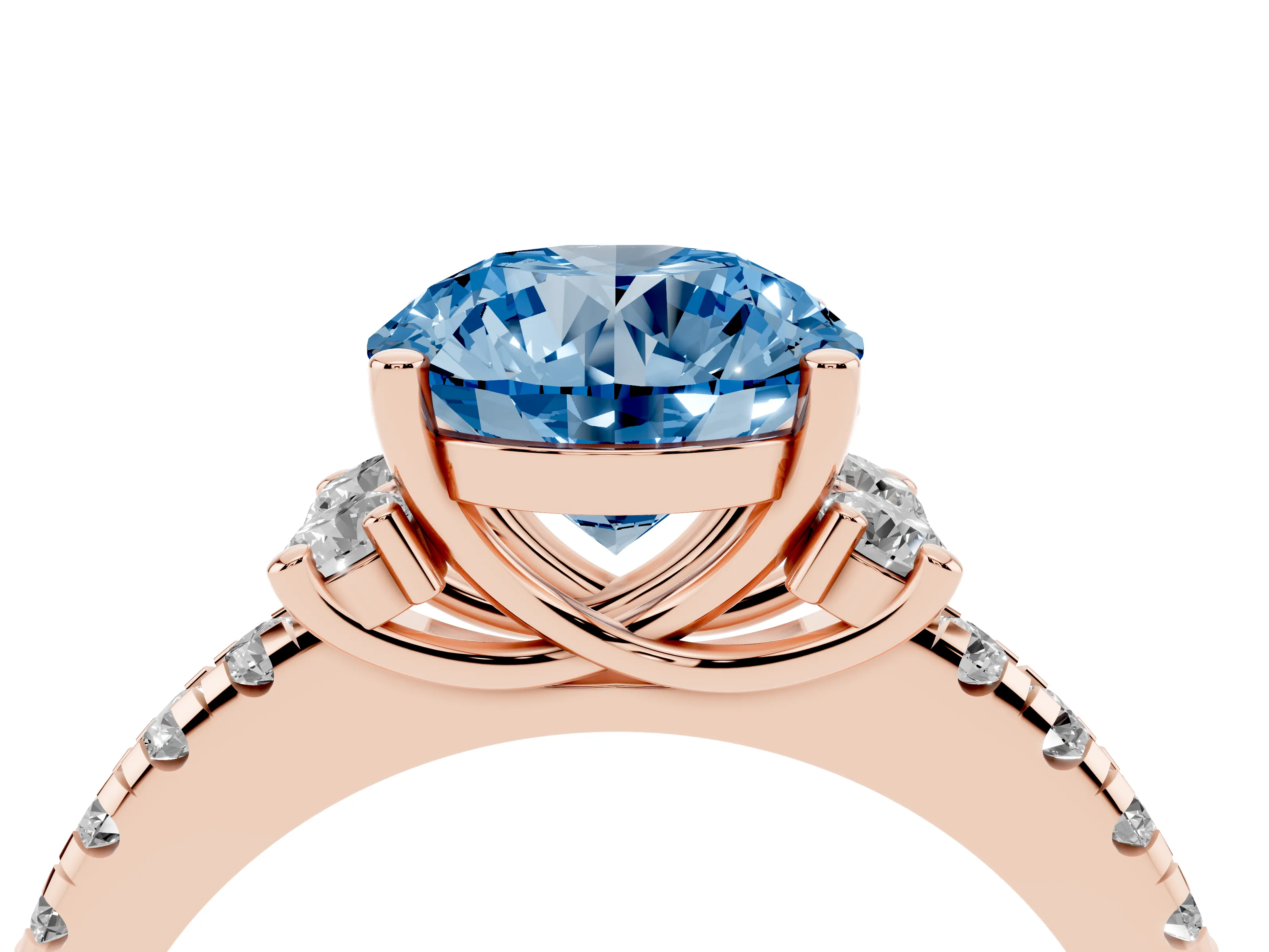 Fancy Blue Round Cut Diamond Three-Stone Pavé Ring Set in Rose gold with Prong Setting