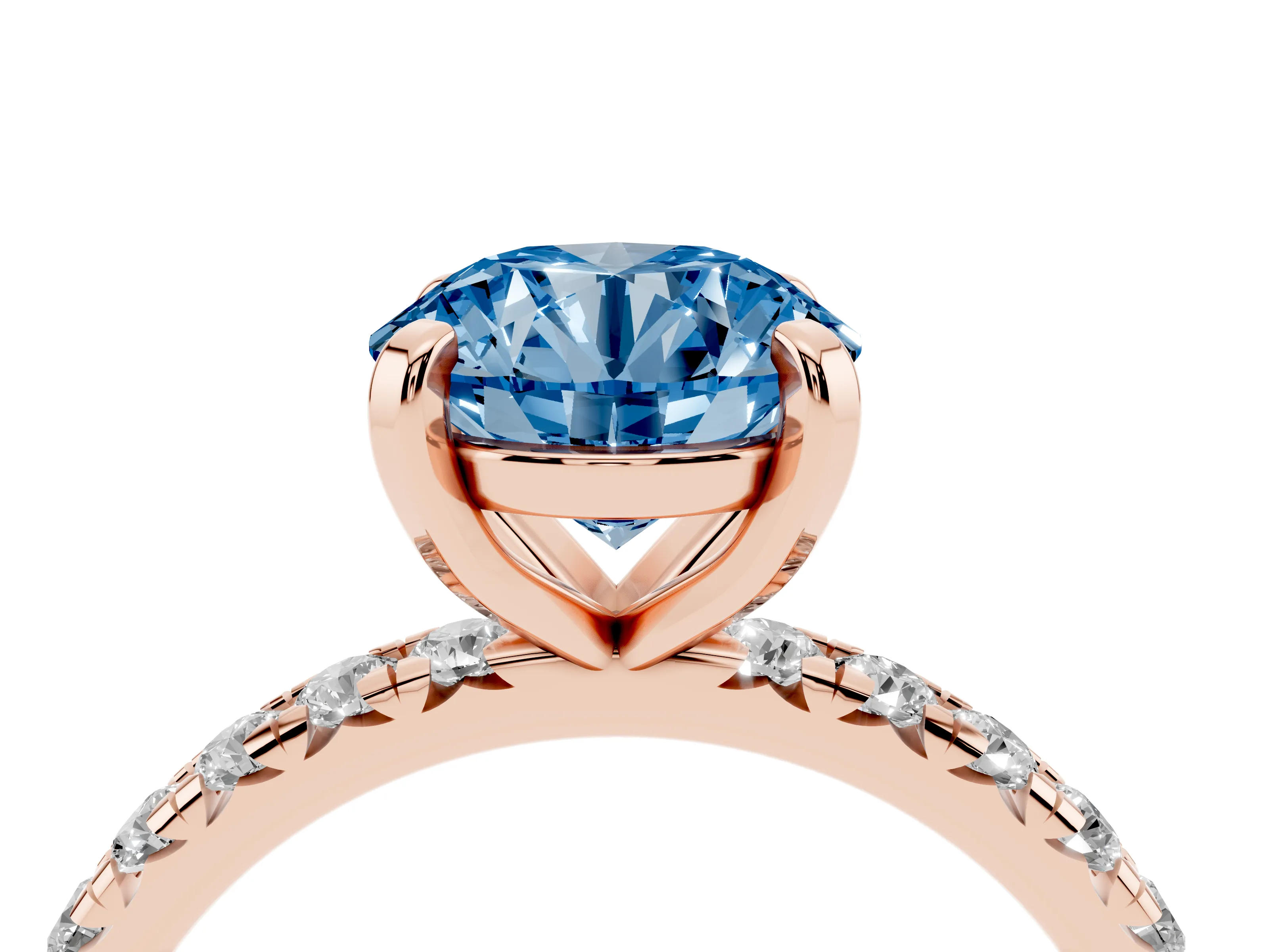 Fancy Blue Round Cut Diamond Pavé Solitaire Ring Set in Rose gold with Round Band and Prong Setting