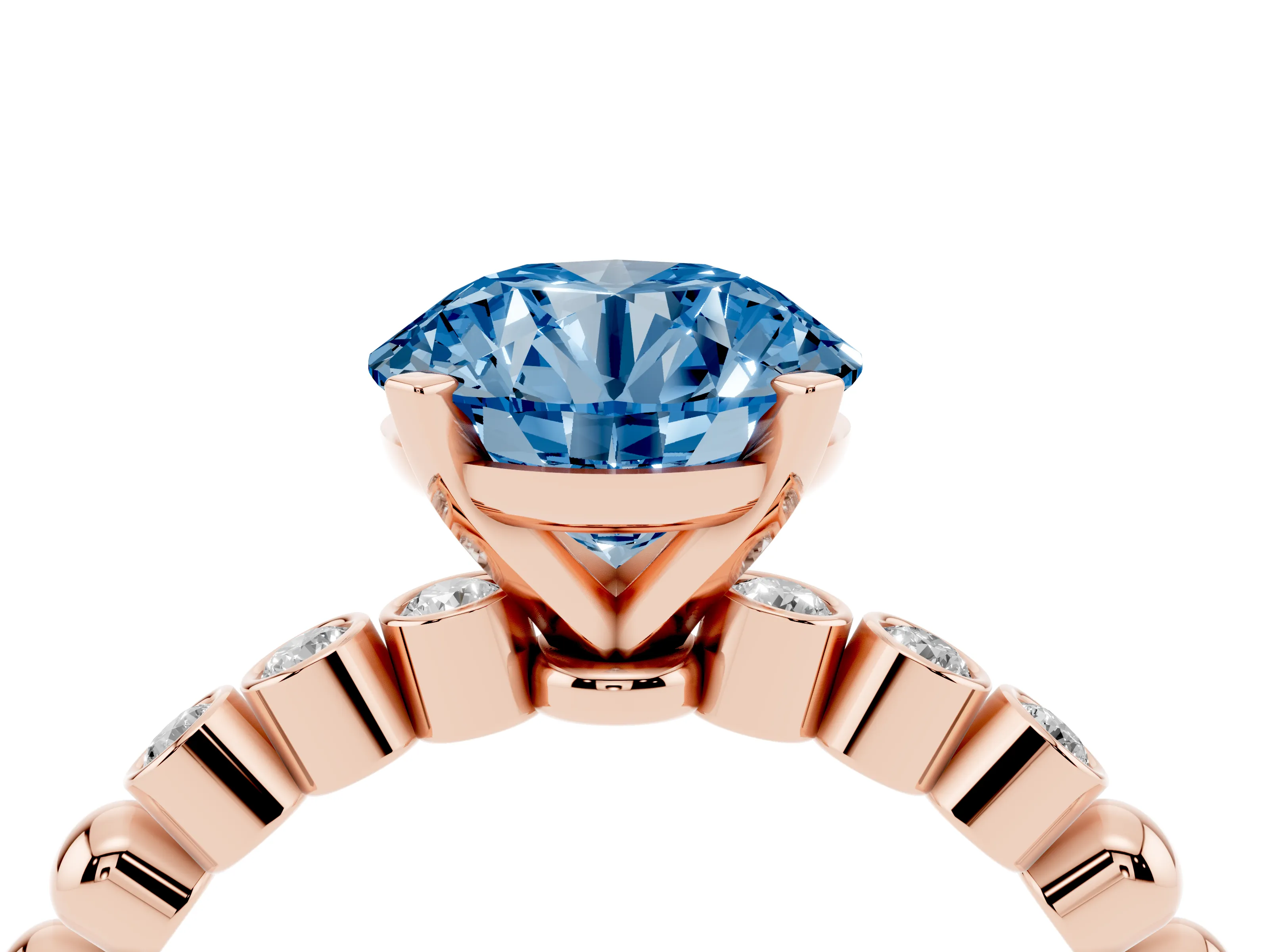 Fancy Blue Round Cut Diamond Solitaire Engagement Ring Set in Rose gold with Bezel Accents on Beaded Band
