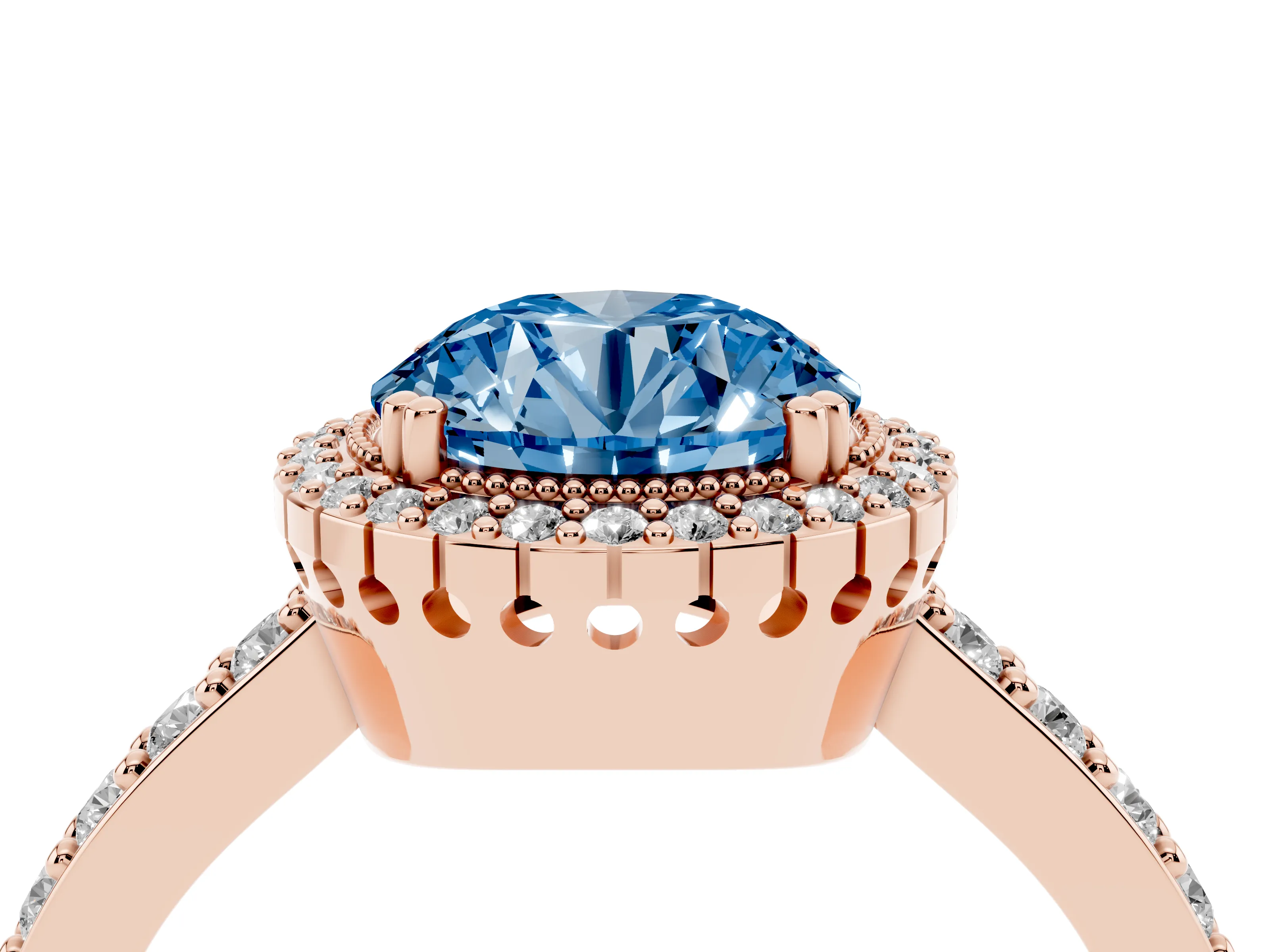 Fancy Blue Round Cut Diamond Halo Engagement Ring Set in Rose gold with Milgrain Detail and Pavé Band