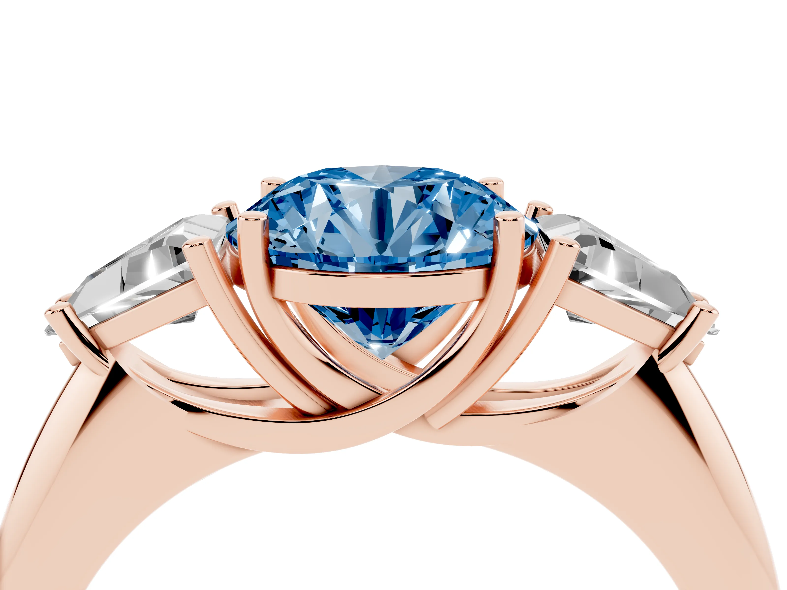 Fancy Blue Round Cut Diamond Three-Stone Engagement Ring Set in Rose gold with Trillion Side Stones