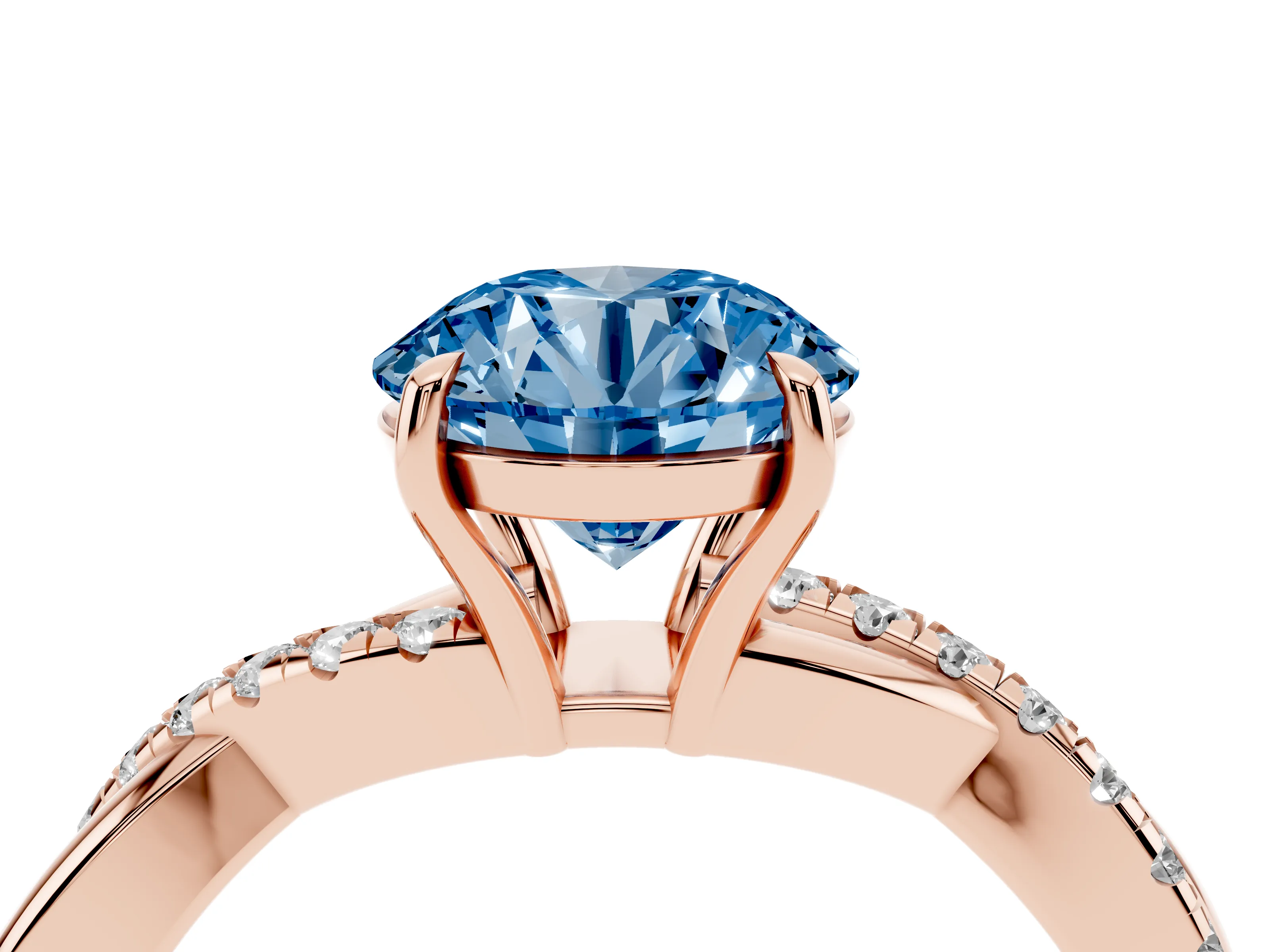 Fancy Blue Round Cut Diamond Twisted Pavé Band Ring Set in Rose gold with Prong Setting