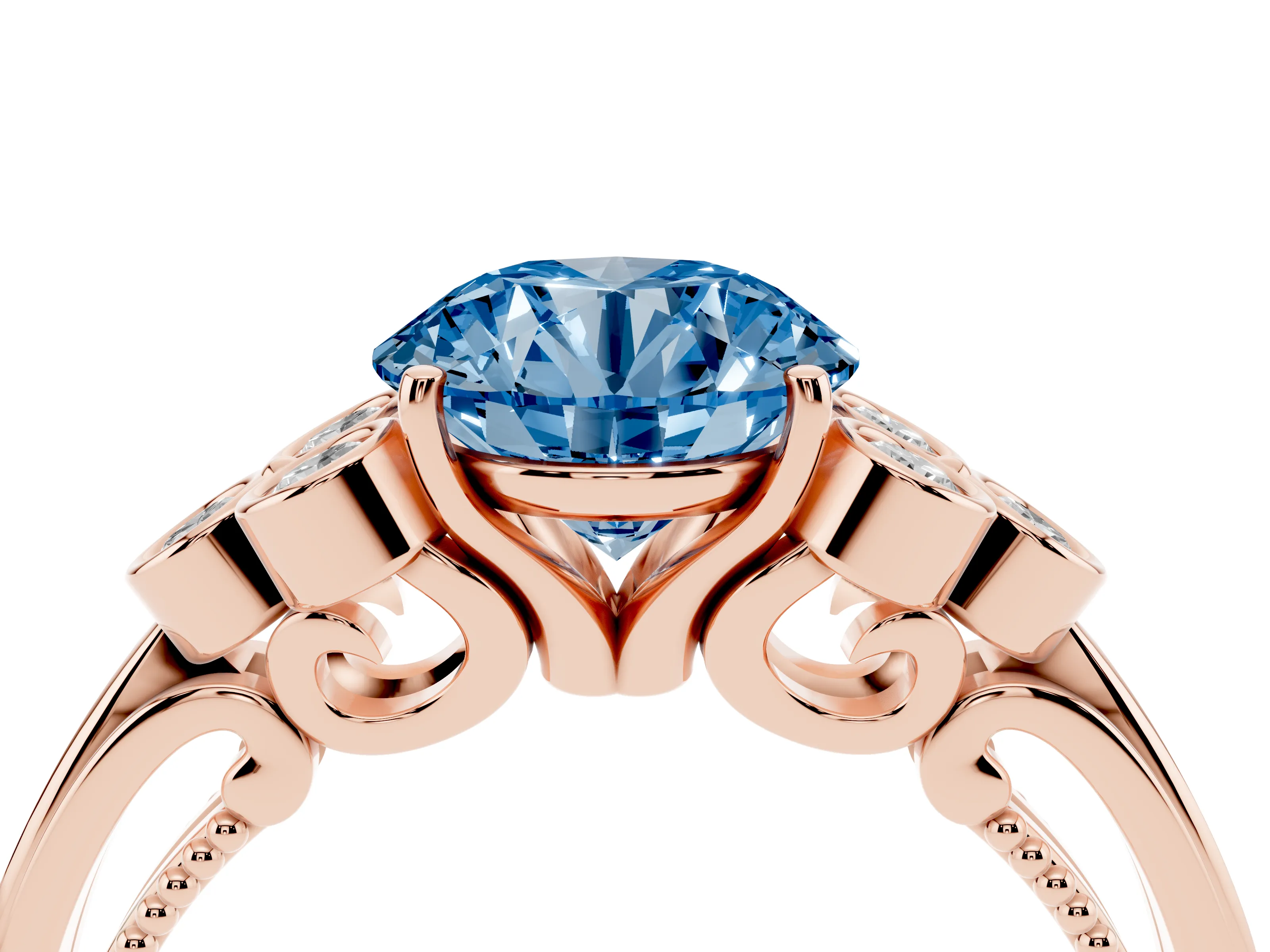 Fancy Blue Round Cut Diamond Engagement Ring Set in Rose gold with Bezel Set Round Side Stones and Prong Setting