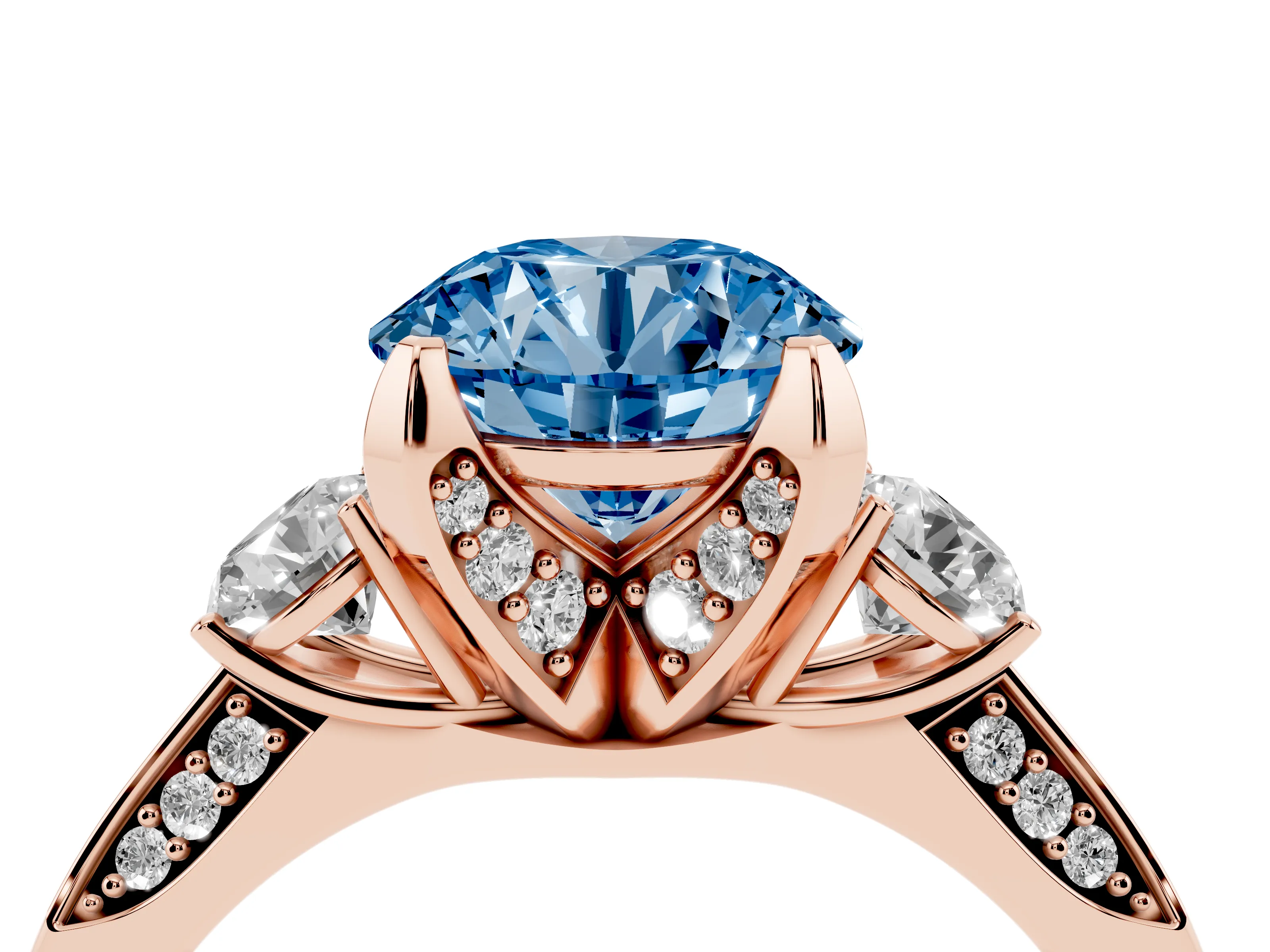 Fancy Blue Round Cut Diamond Three-Stone Ring Set in Rose gold with Pavé Band and Smaller Side Stones