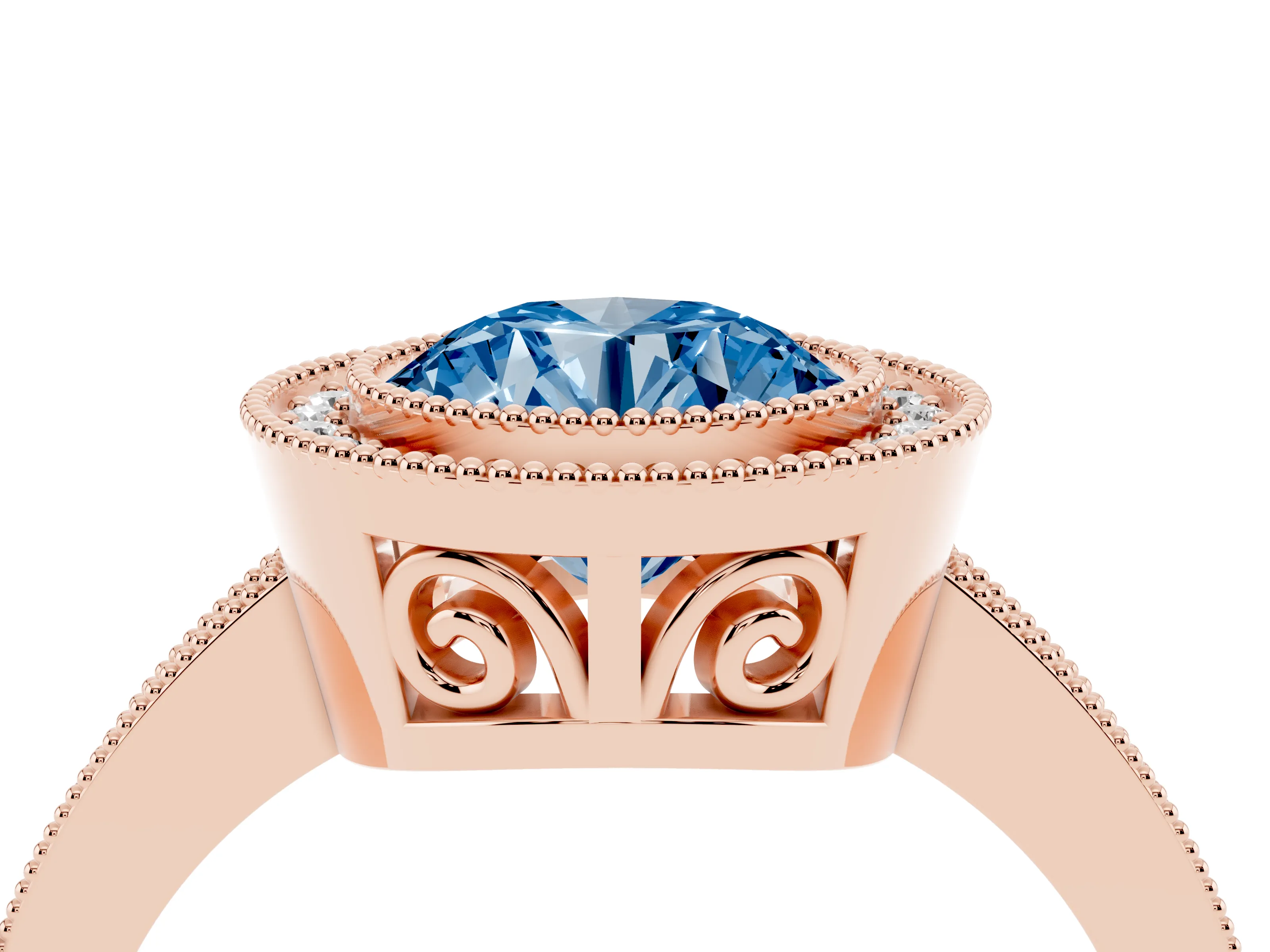 Fancy Blue Round Cut Diamond Round Halo Ring Set in Rose gold with Pavé Band