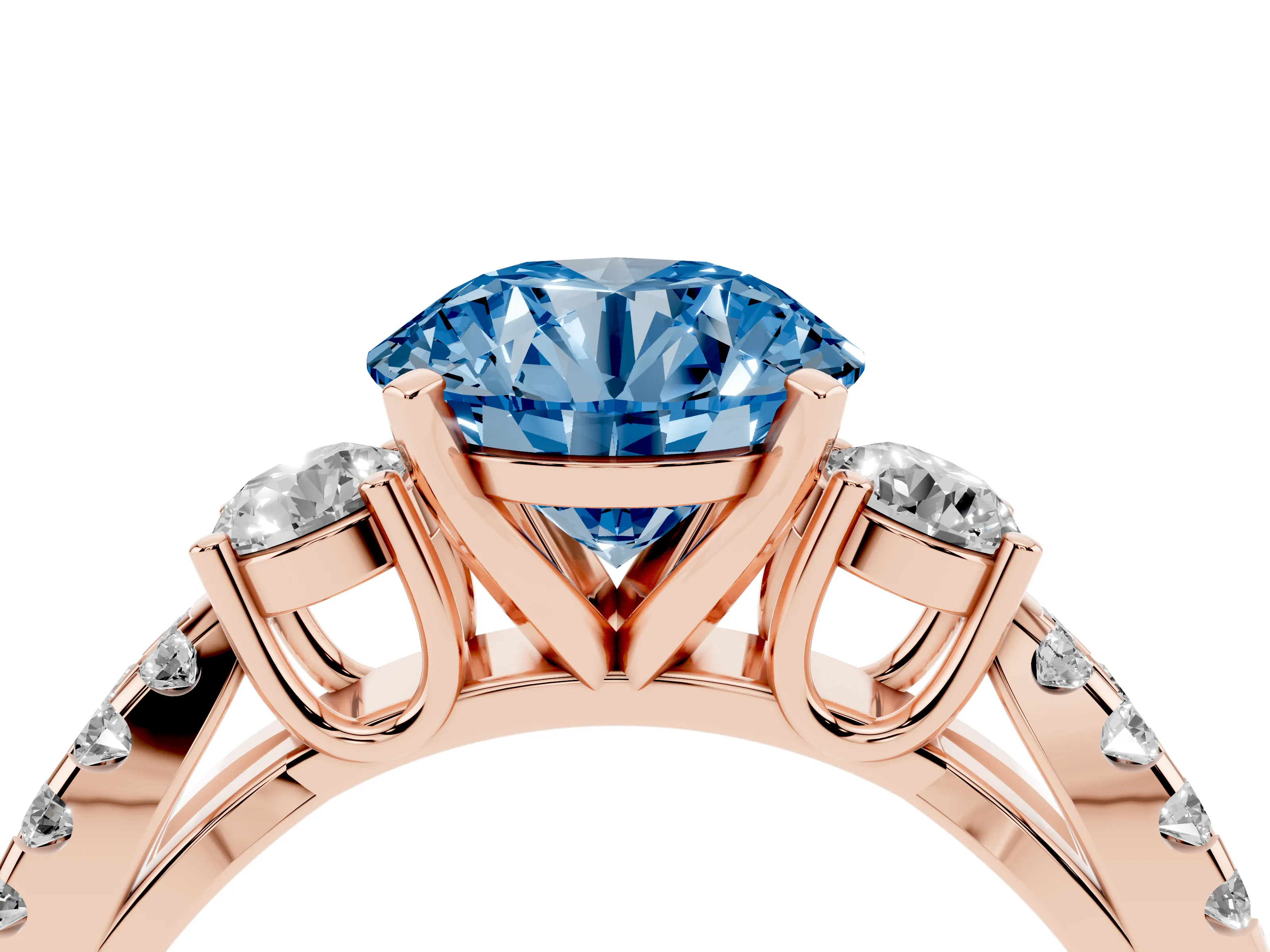 Fancy Blue Round Cut Diamond Three-Stone Ring Set in Rose gold with Pavé Split Shank and Prong Setting