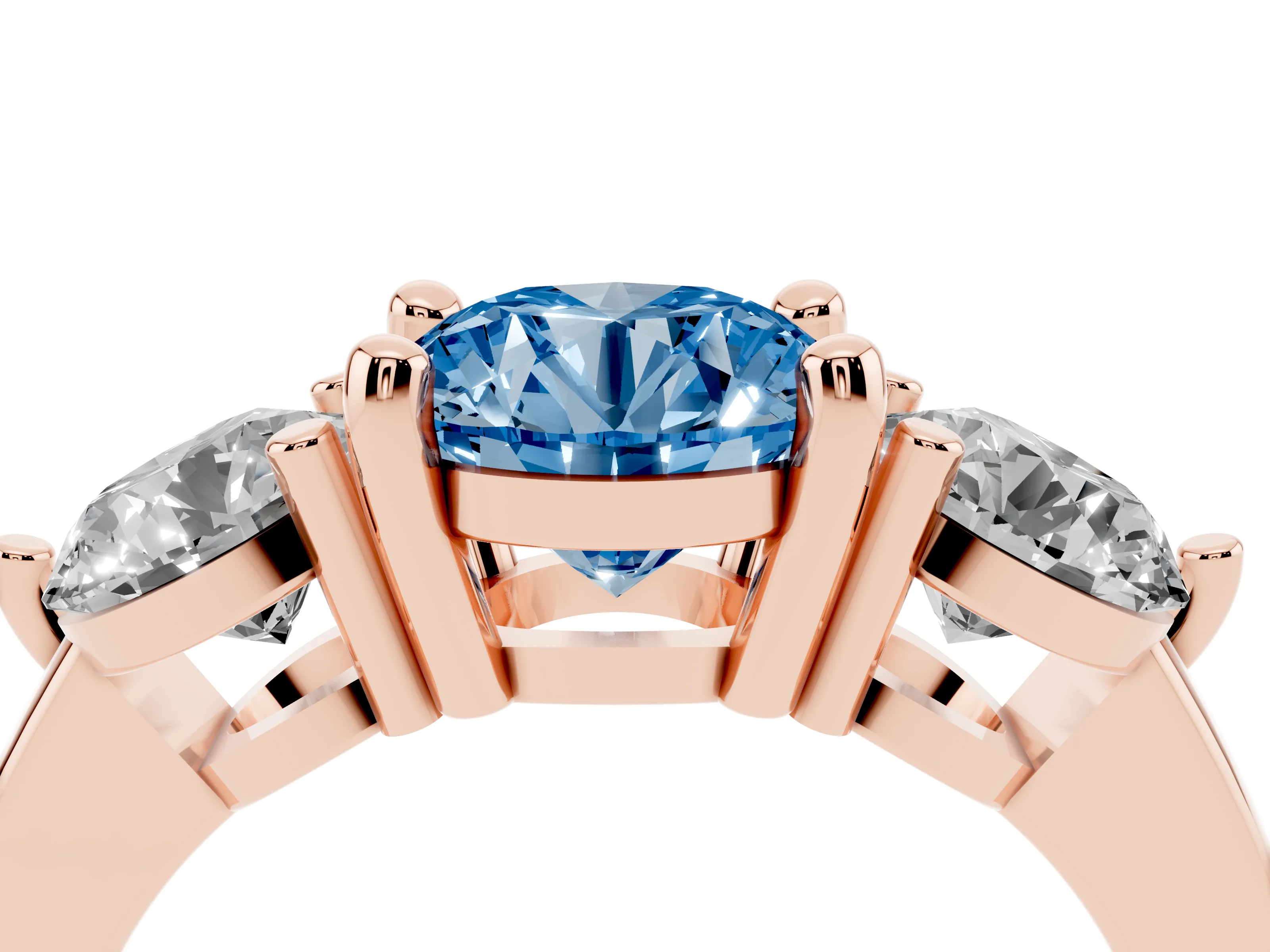 Fancy Blue Round Cut Diamond Three-Stone Ring Set in Rose gold with Prong Setting and Classic Band