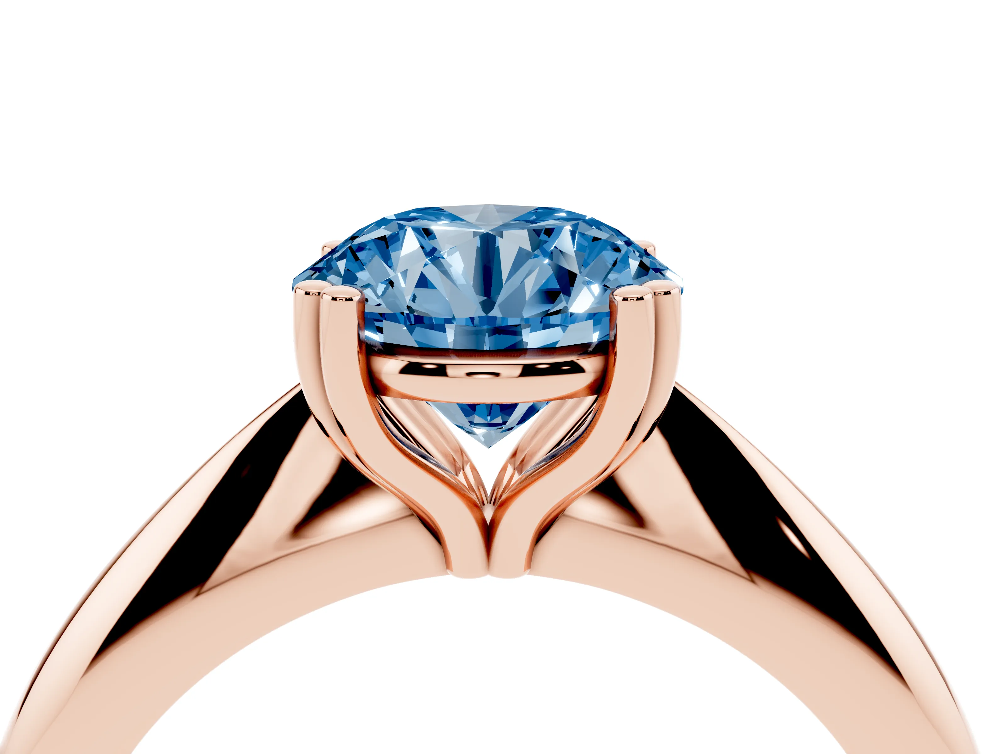 Fancy Blue Round Cut Diamond Solitaire Engagement Ring Set in Rose gold with Tapered Band and Prong Setting