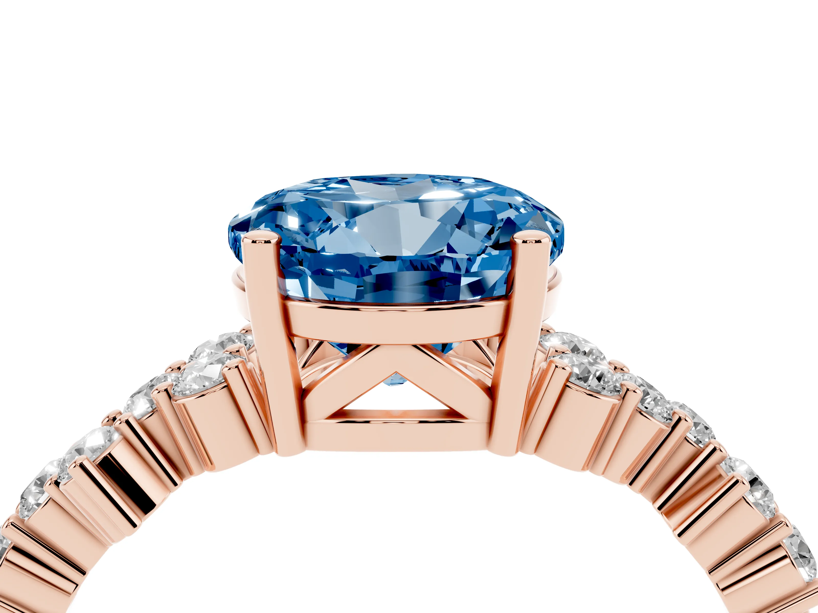 Fancy Blue Round Cut Diamond Ring Set in Rose gold with Scattered Round Accents