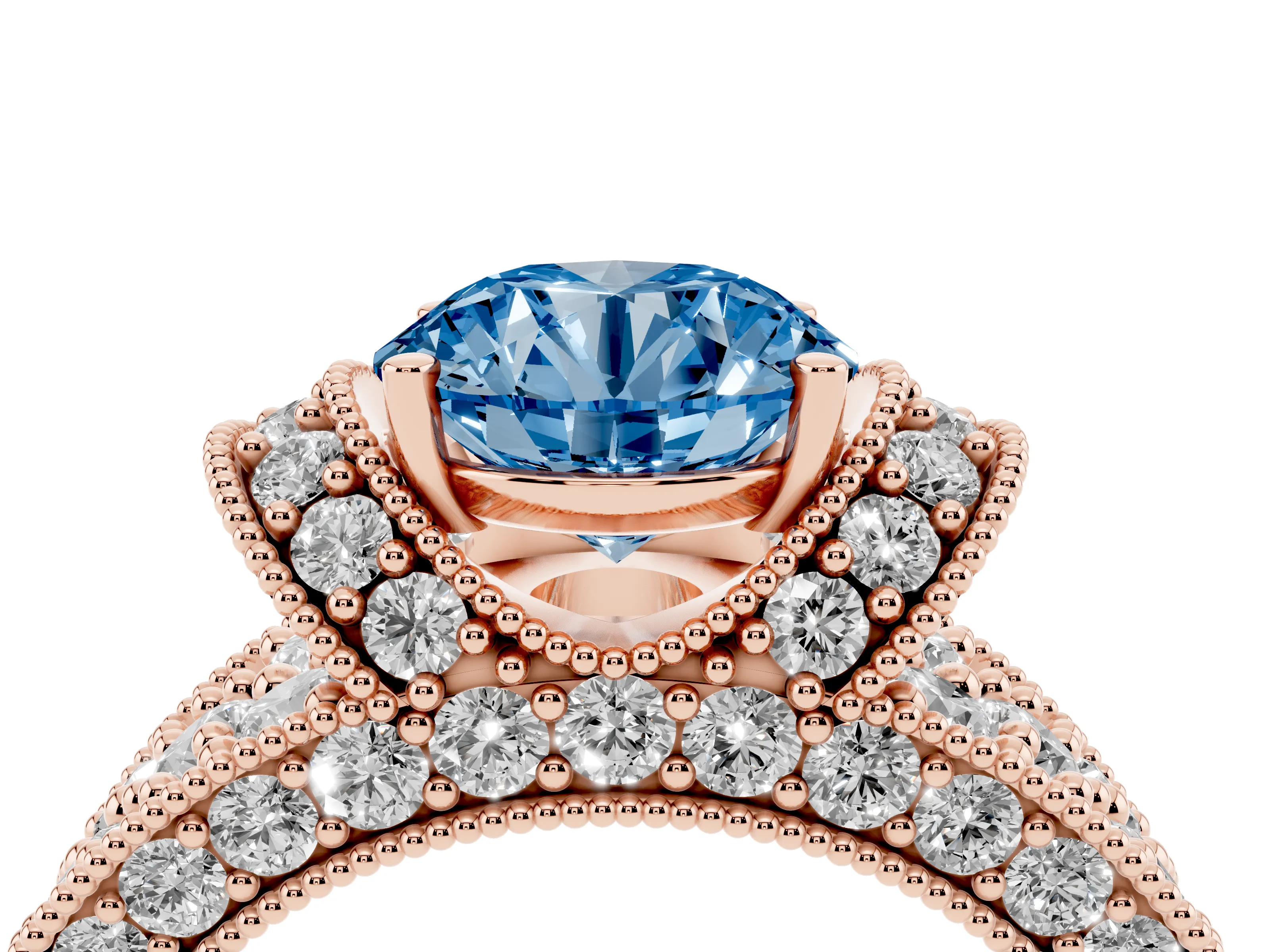 Fancy Blue Round Cut Diamond Milgrain Halo Pavé Engagement Ring Set in Rose gold with Prong Setting
