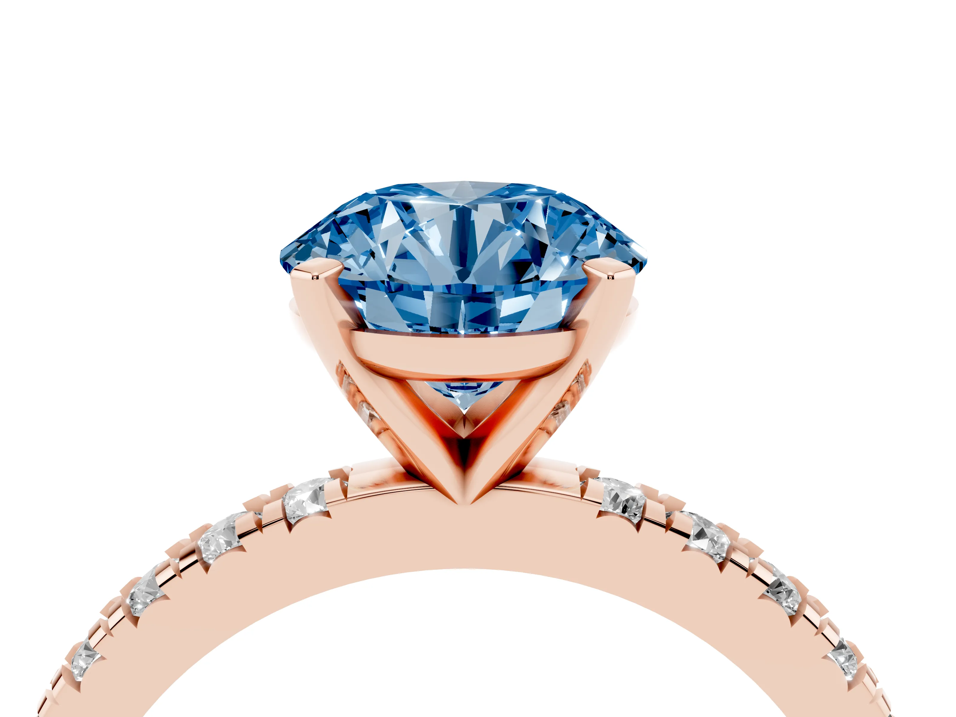 Fancy Blue Round Cut Diamond Pavé Band Solitaire Set in Rose gold with Prong Setting