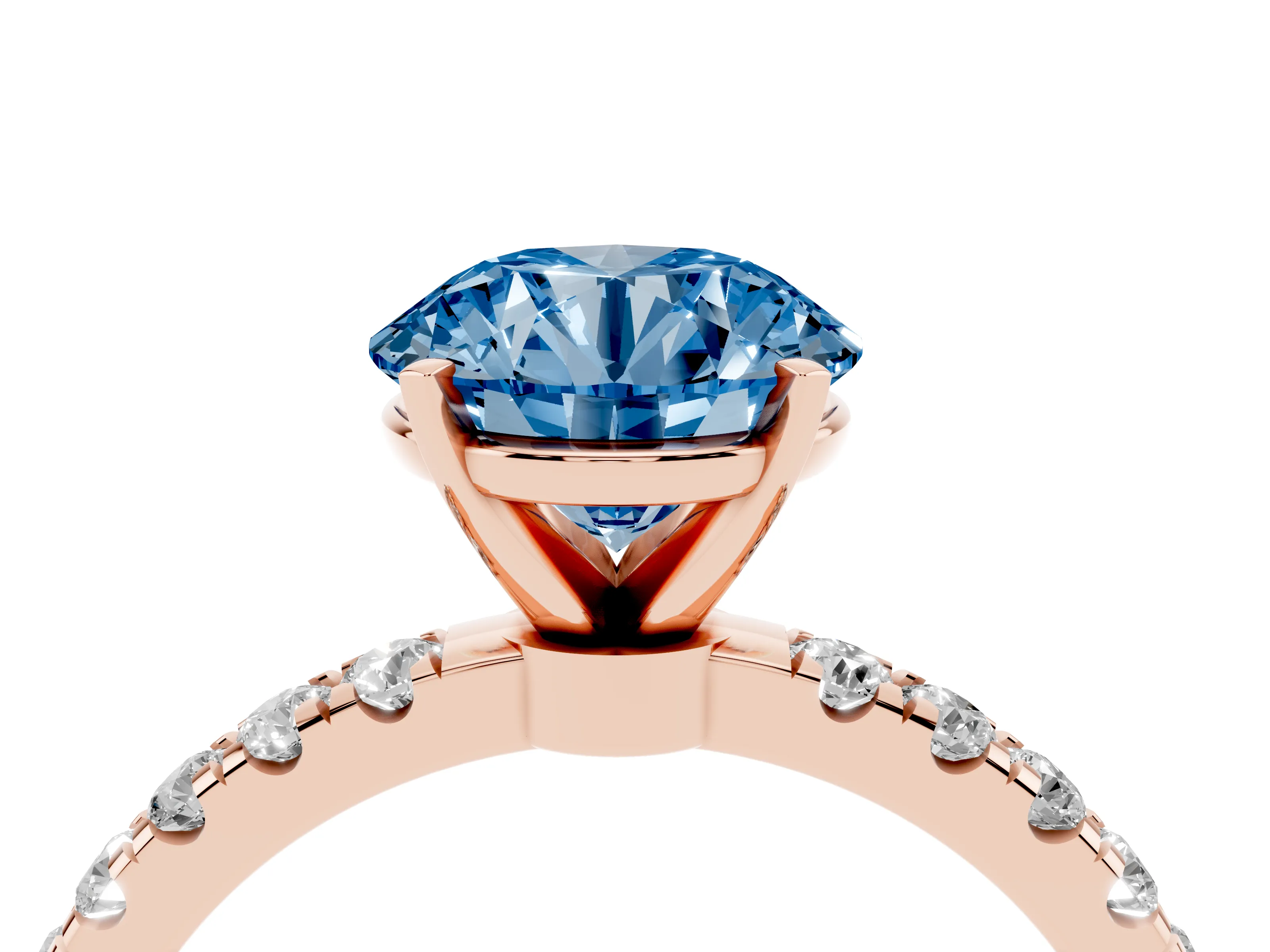 Fancy Blue Round Cut Diamond Solitaire Ring Set in Rose gold with Pavé Accents and Prong Setting