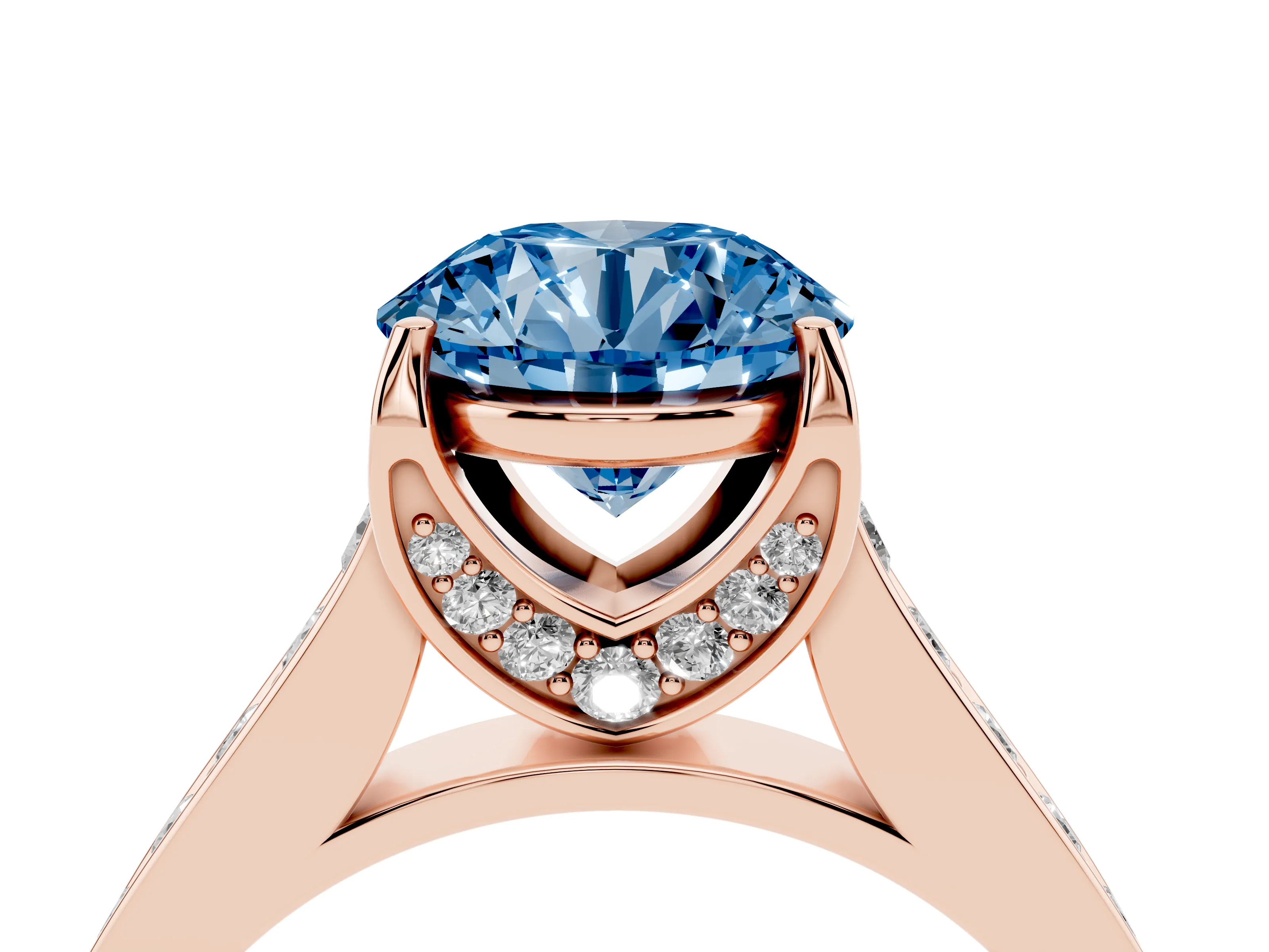 Fancy Blue Round Cut Diamond Solitaire Pavé Engagement Ring Set in Rose gold with Prong Setting
