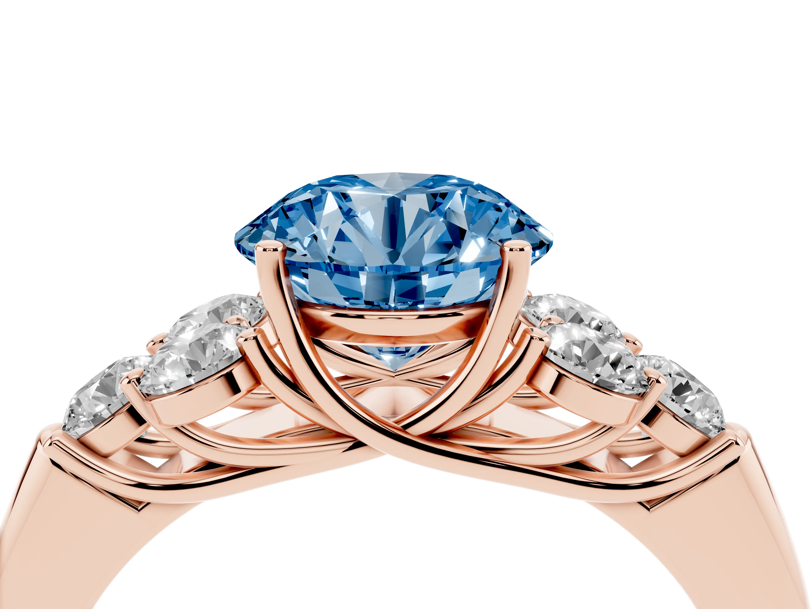 Fancy Blue Round Cut Diamond Cluster Ring Set in Rose gold with Round Accent Stones and Prong Setting on a Plain Band