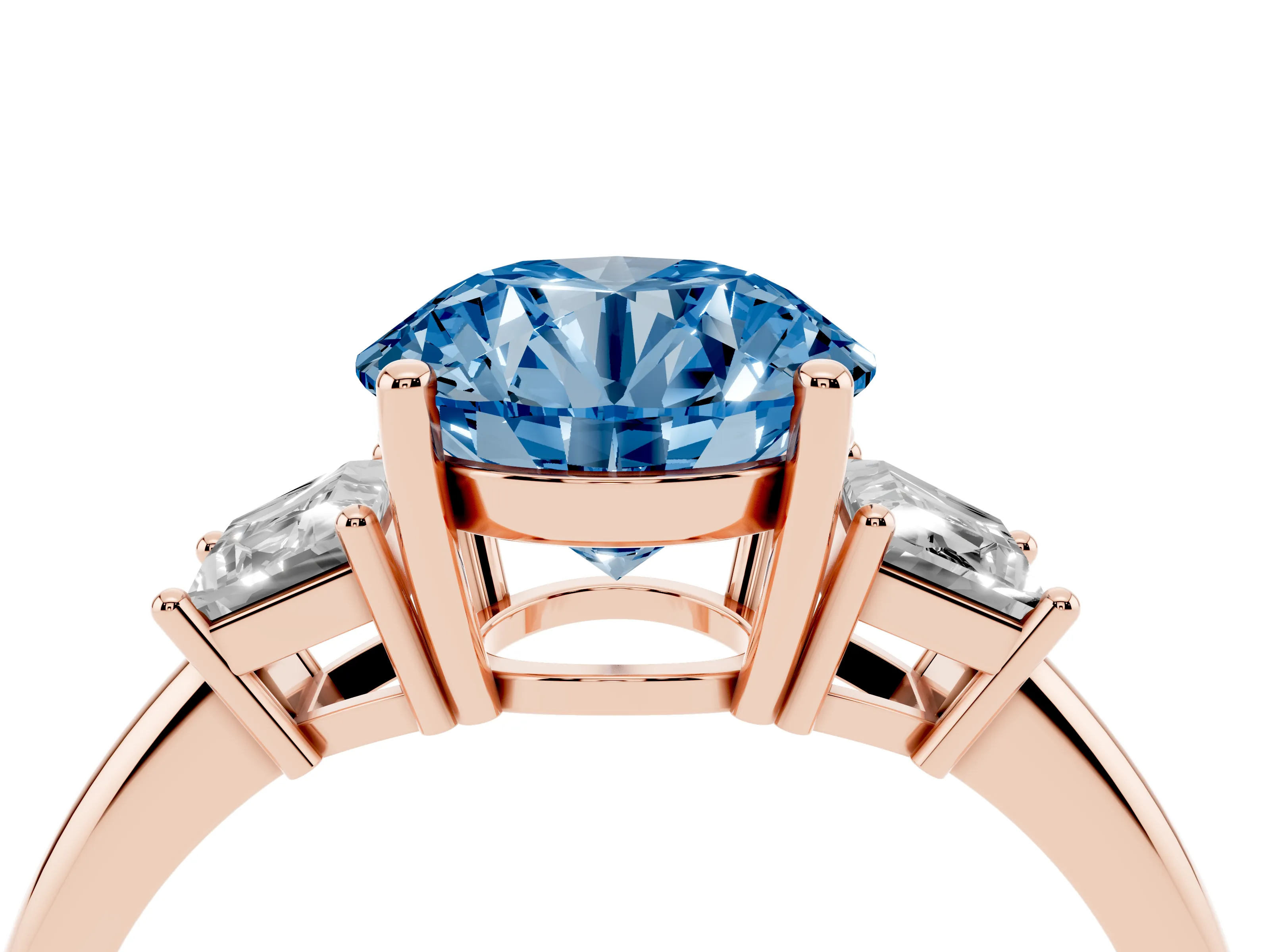 Fancy Blue Round Cut Diamond Three-Stone Ring Set in Rose gold with Trapezoid Side Stones and Prong Setting
