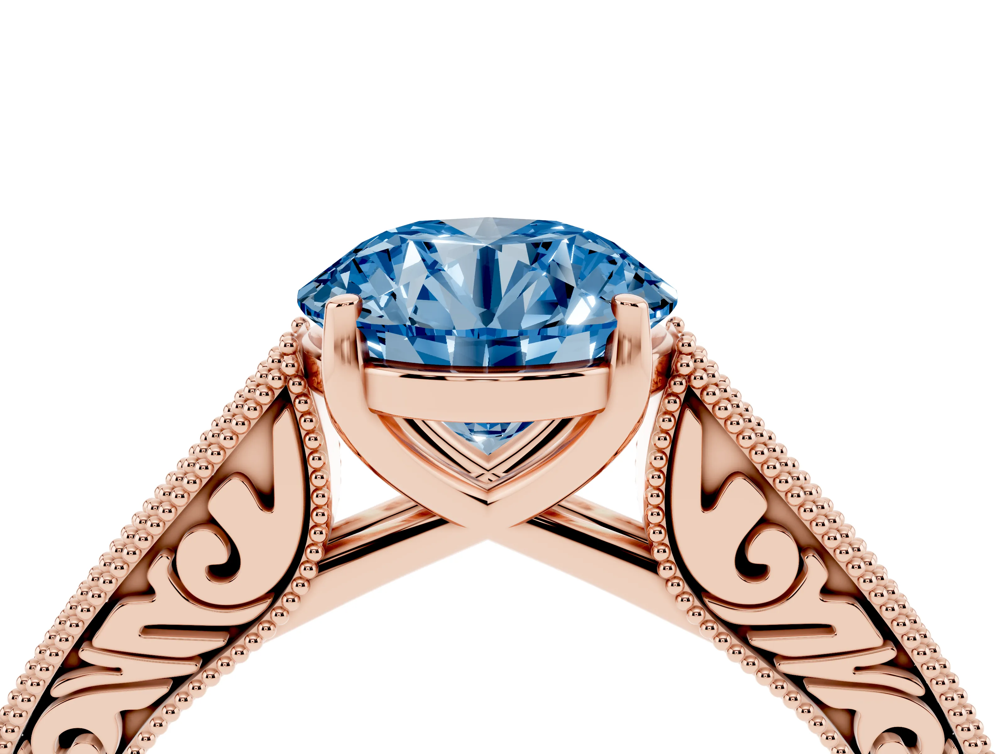 Fancy Blue Round Cut Diamond Milgrain Pavé Band Solitaire Ring Set in Rose gold with Prong Setting