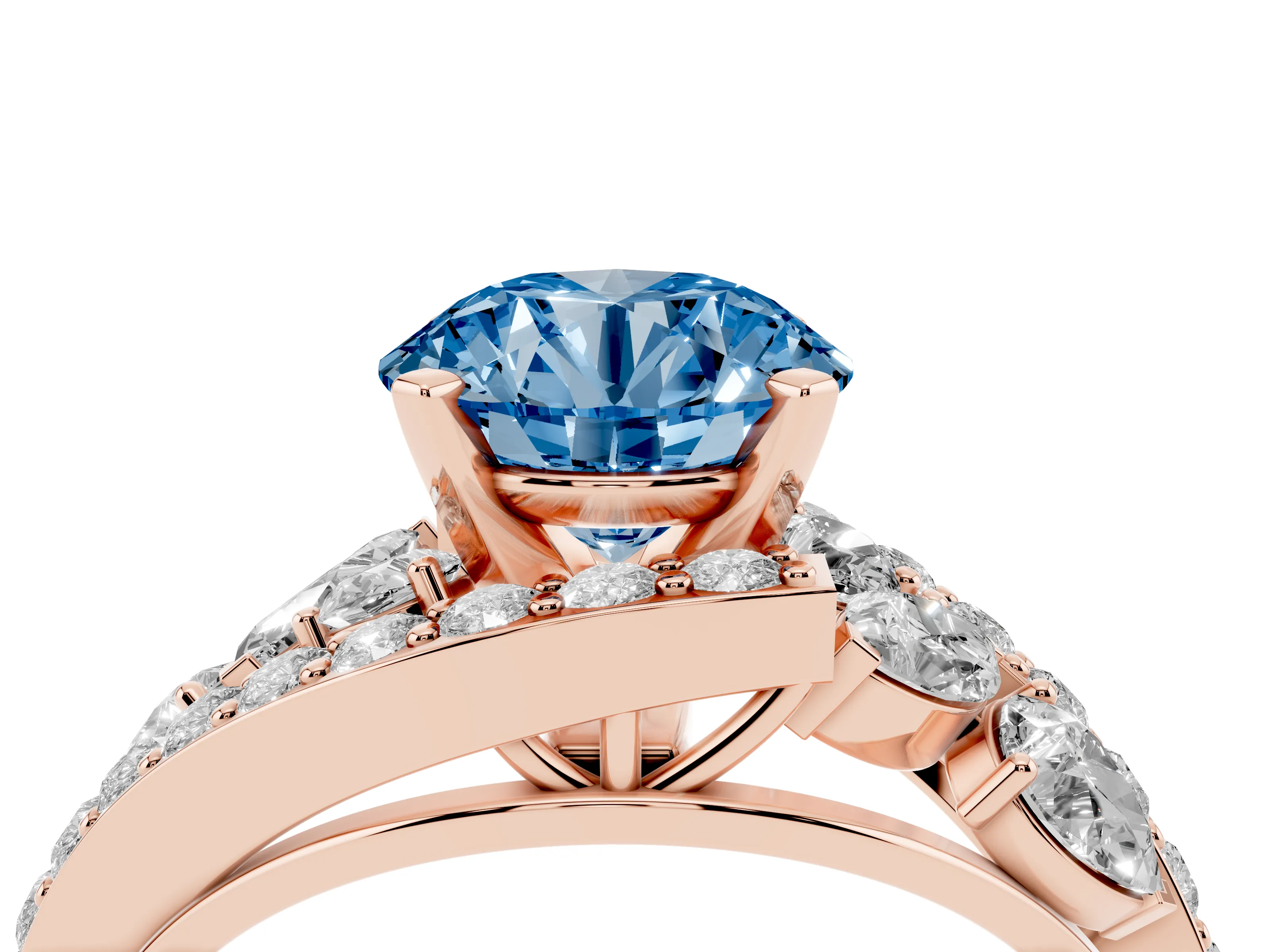 Fancy Blue Round Cut Diamond Halo Ring Set in Rose gold with Marquise and Pavé Band in Prong Setting