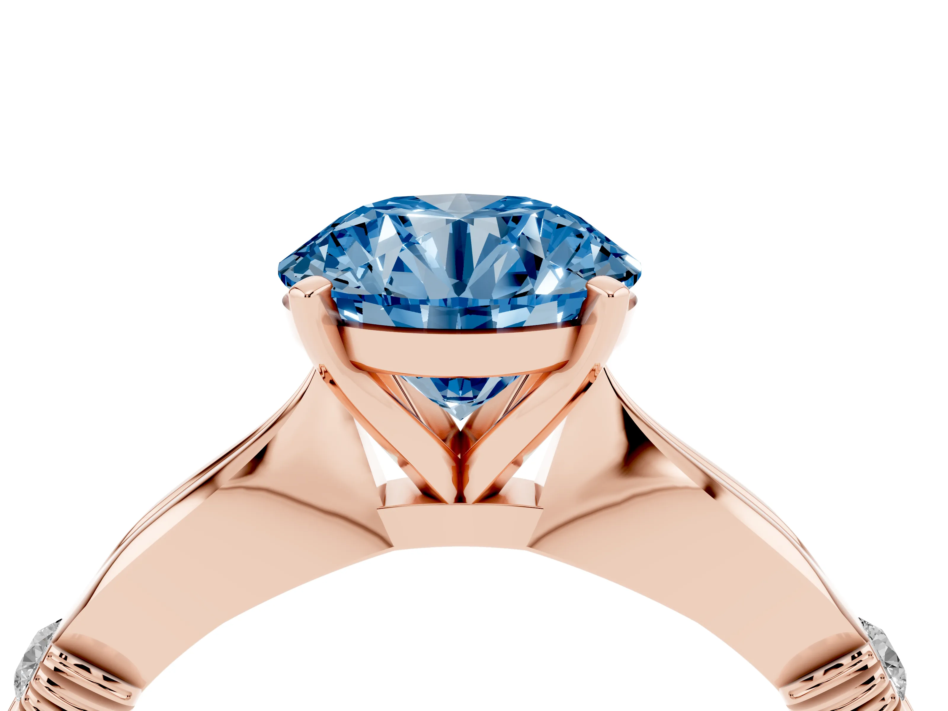 Fancy Blue Round Cut Diamond Solitaire Twisted Band Ring Set in Rose gold with Accent Stones and Prong Setting