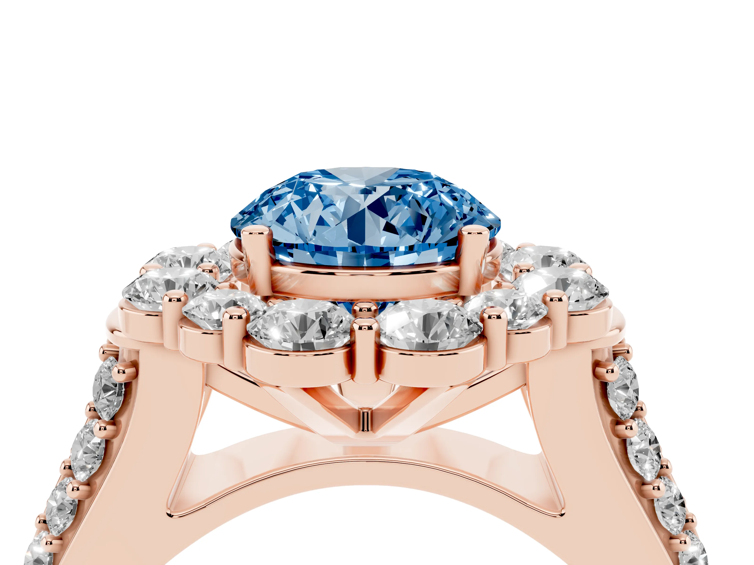 Fancy Blue Round Cut Diamond Halo Engagement Ring Set in Rose gold with Split Shank and Prong Setting
