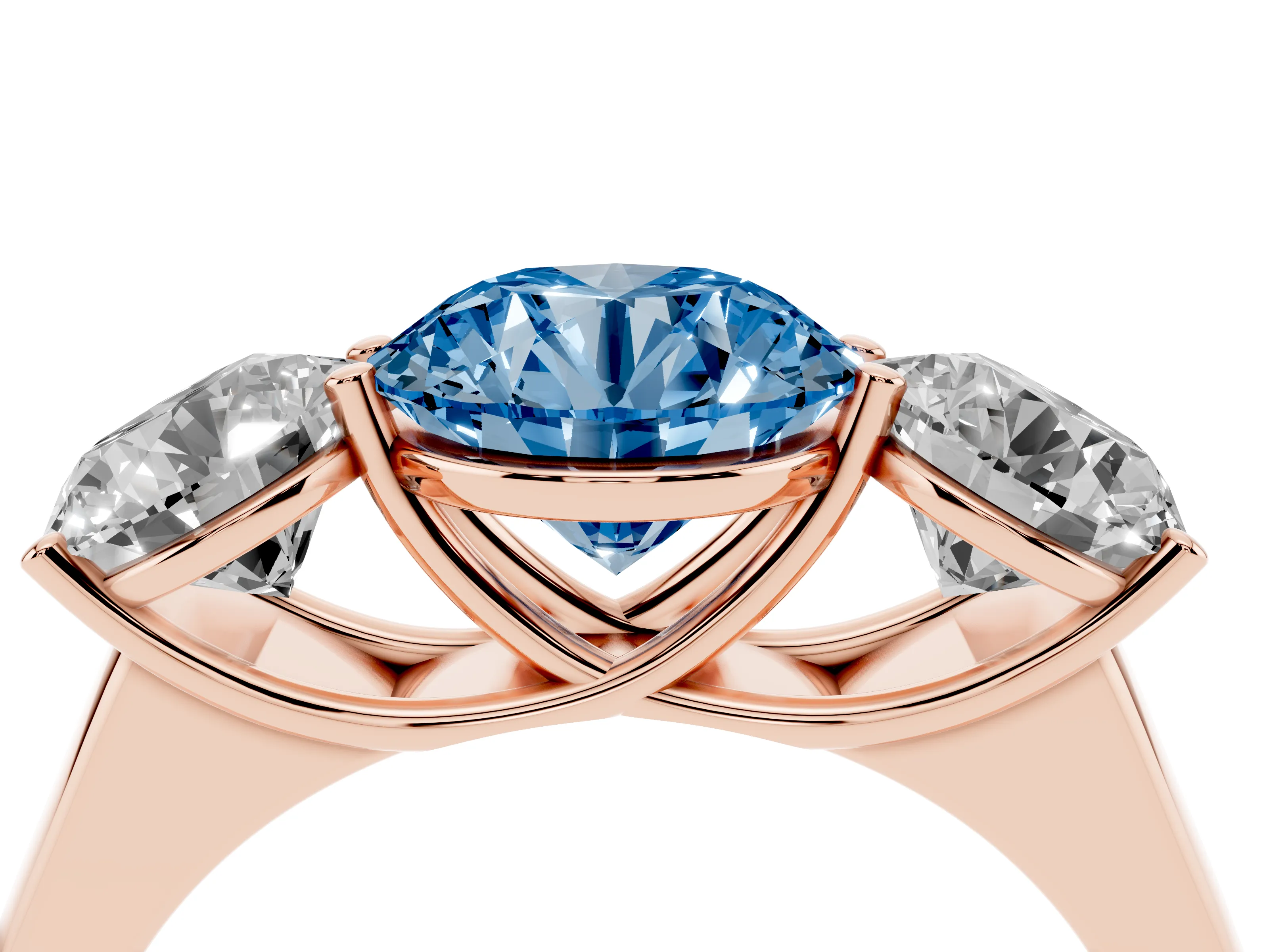 Fancy Blue Round Cut Diamond Three-Stone Ring Set in Rose gold with Plain Polished Band