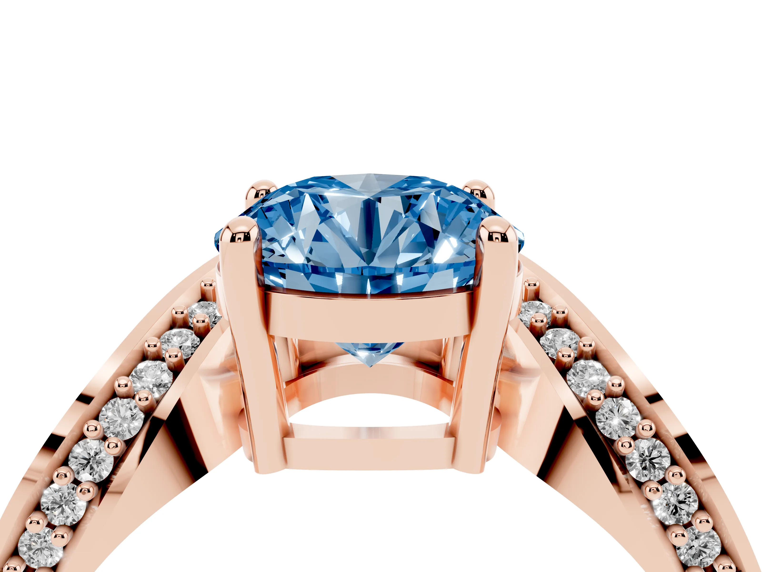 Fancy Blue Round Cut Diamond Solitaire Engagement Ring Set in Rose gold with Pavé Shoulders