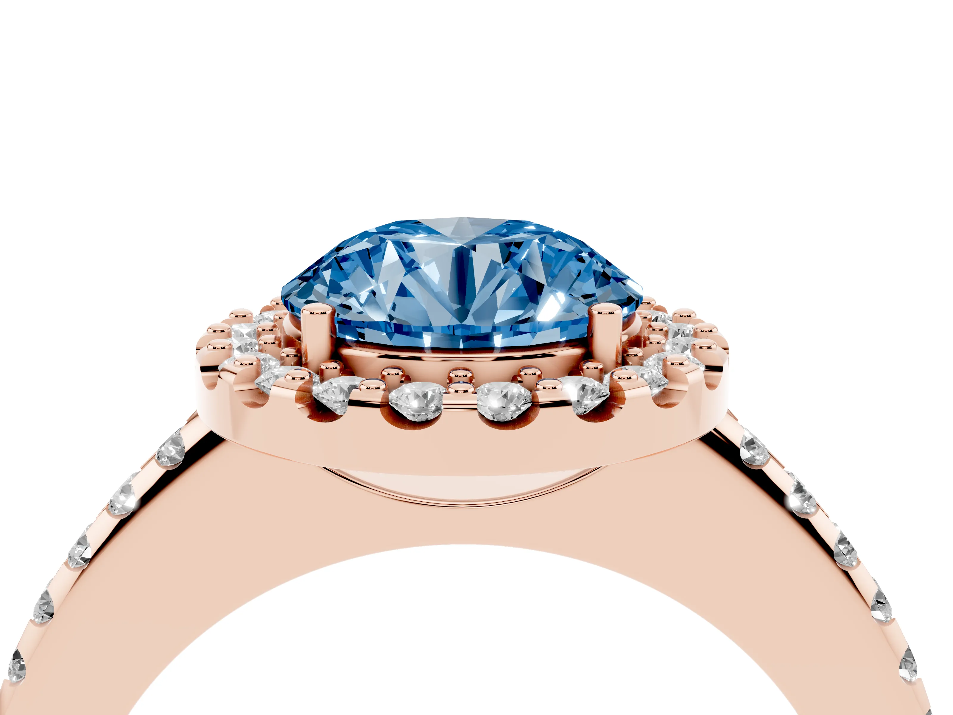 Fancy Blue Round Cut Diamond Pavé Halo Ring Set in Rose gold with Prong Setting