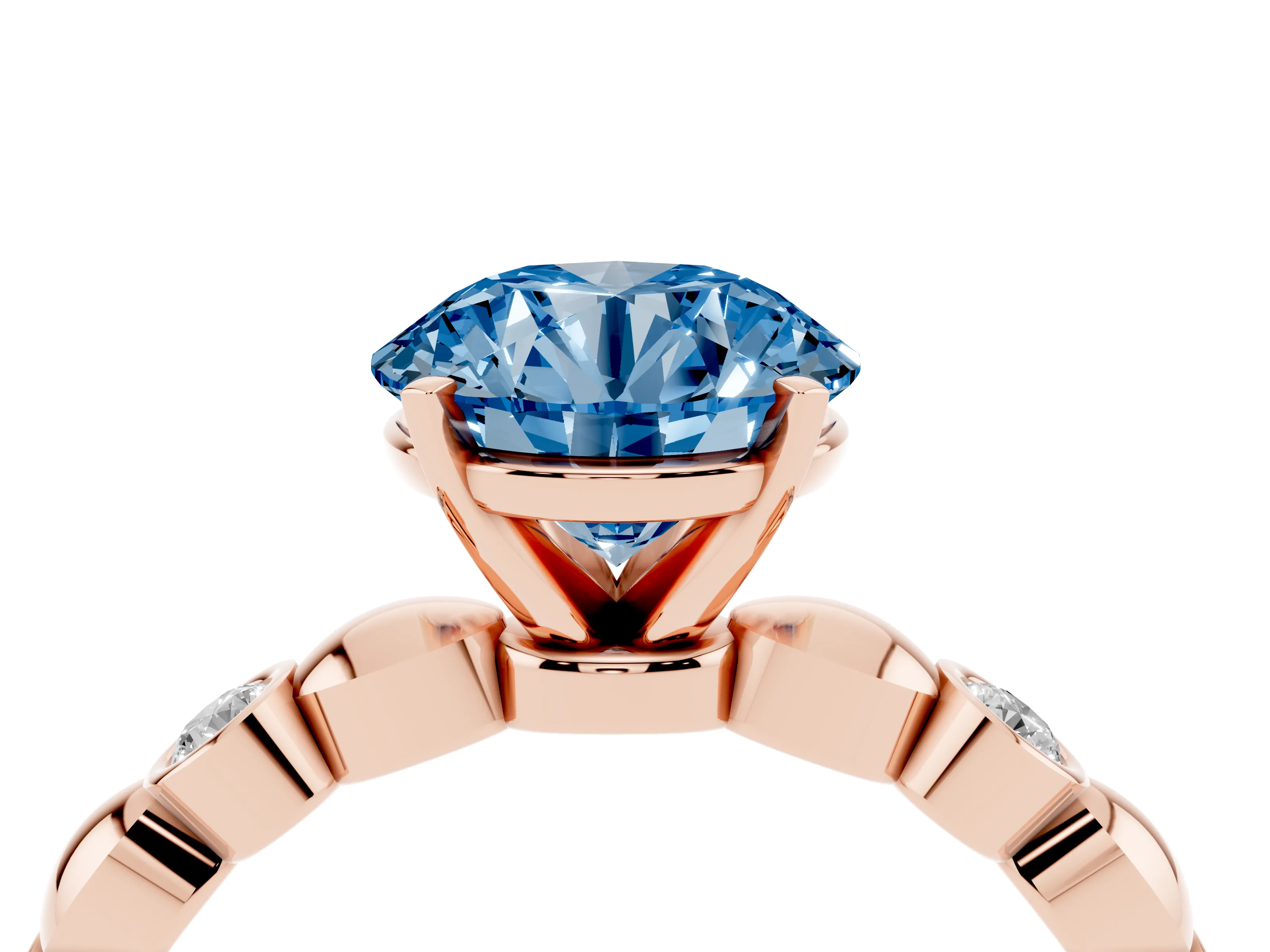 Fancy Blue Round Cut Diamond Solitaire Ring Set in Rose gold with Bezel-Set Accents on Beaded Band and Prong Setting