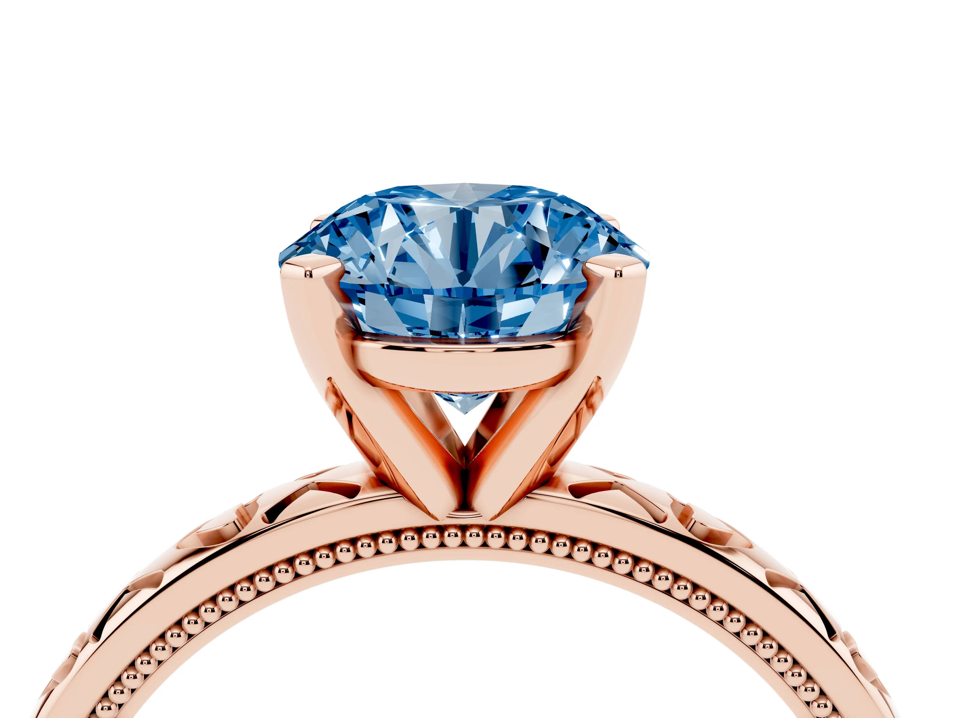 Fancy Blue Round Cut Diamond Solitaire Engagement Ring Set in Rose gold with XO Engraved Band and Prong Setting