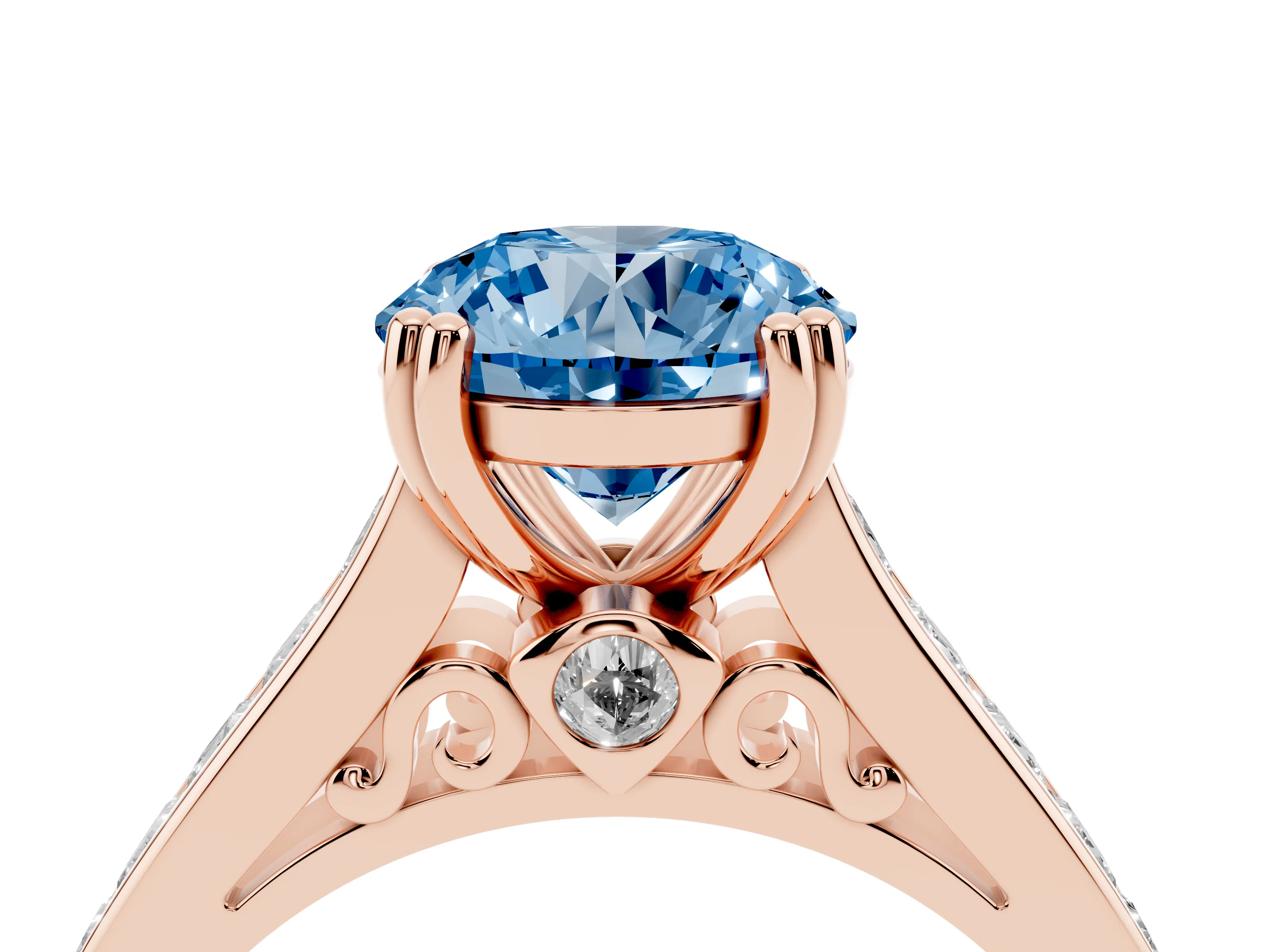 Fancy Blue Round Cut Diamond Channel Set Solitaire Engagement Ring Set in Rose gold with Prong Setting