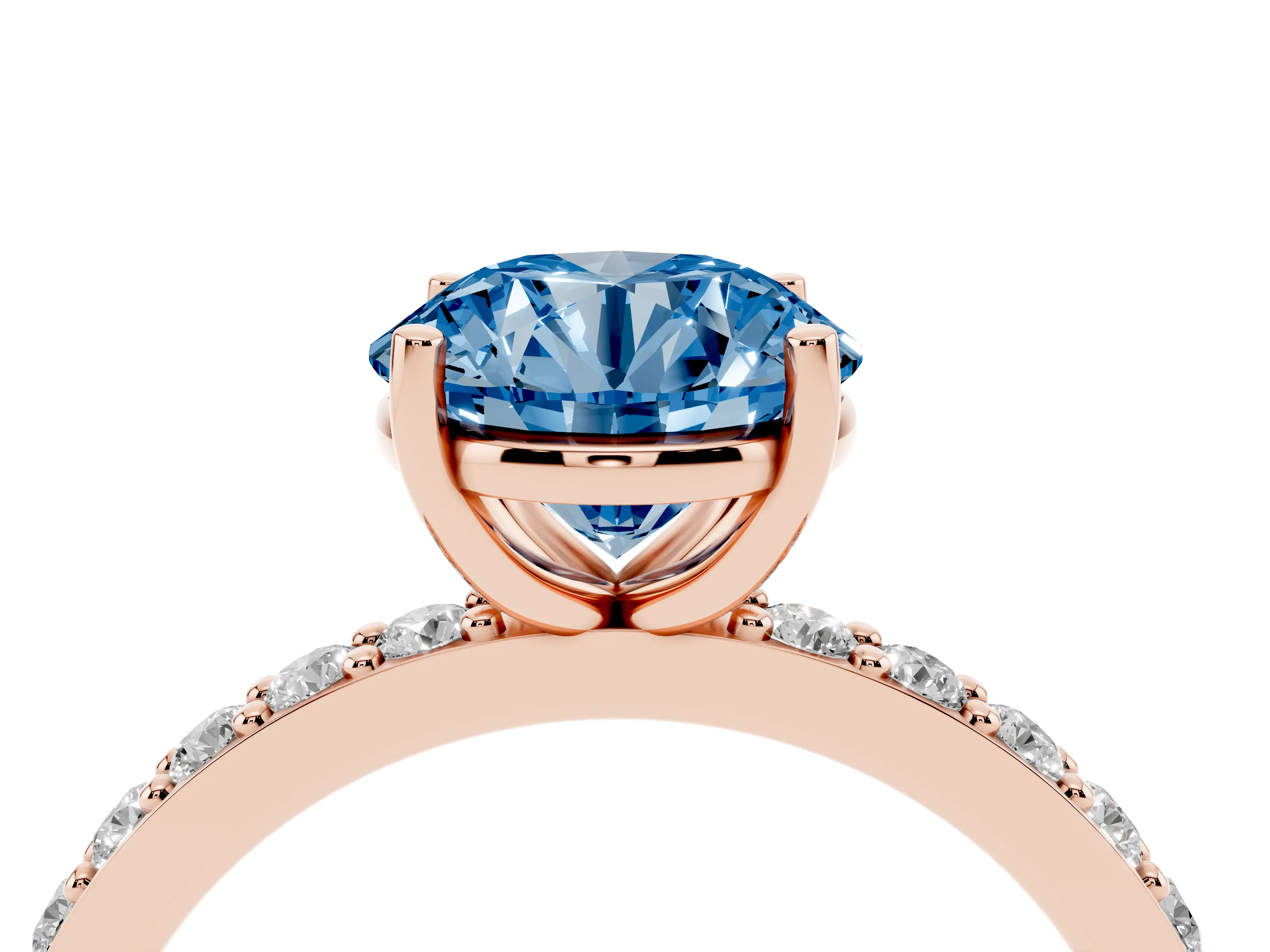 Fancy Blue Round Cut Diamond Solitaire Set in Rose gold with Round Pavé Band and Prong Setting