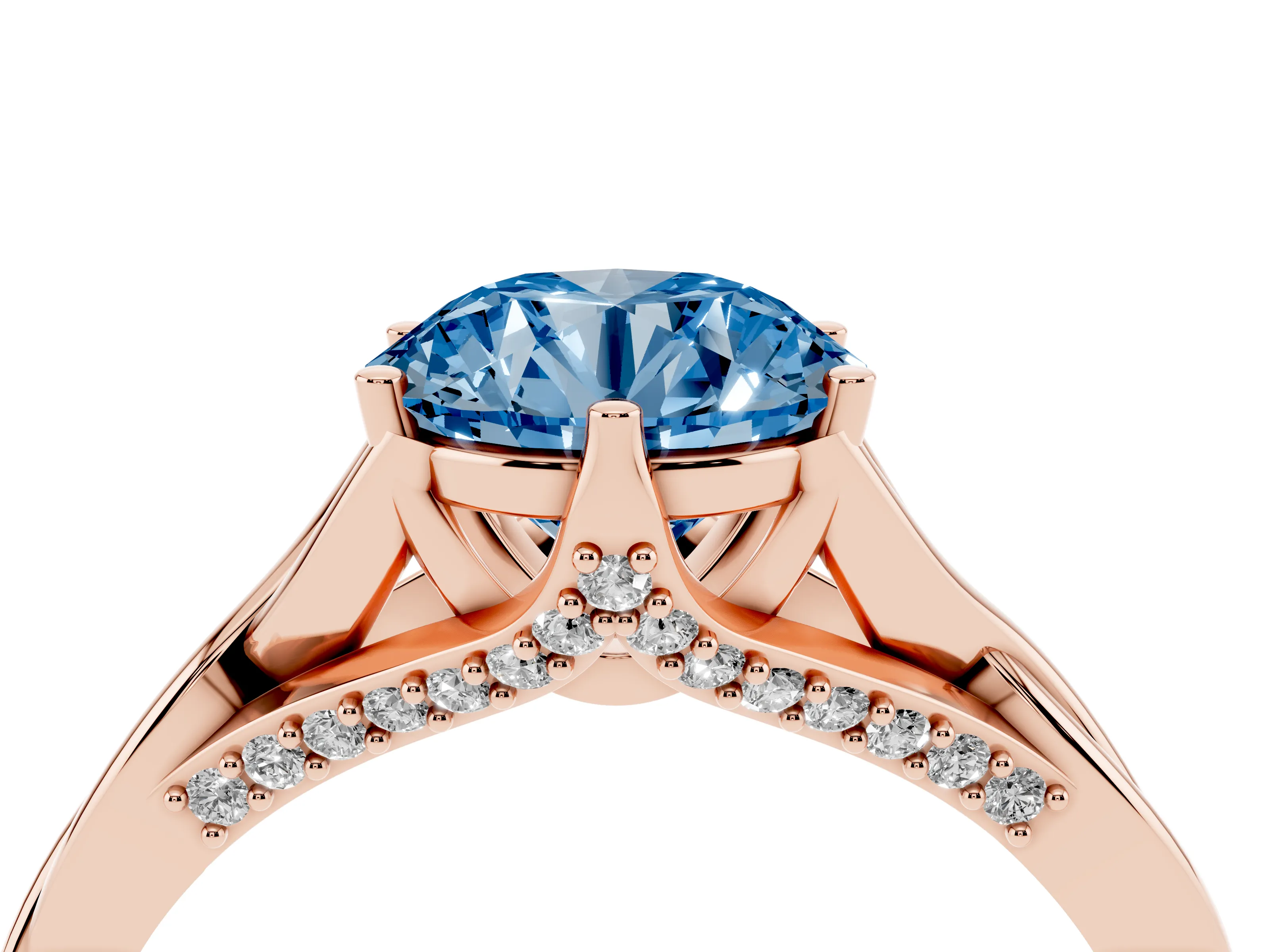 Fancy Blue Round Cut Diamond Intertwined Twist Band Solitaire Ring Set in Rose gold with Prong Setting
