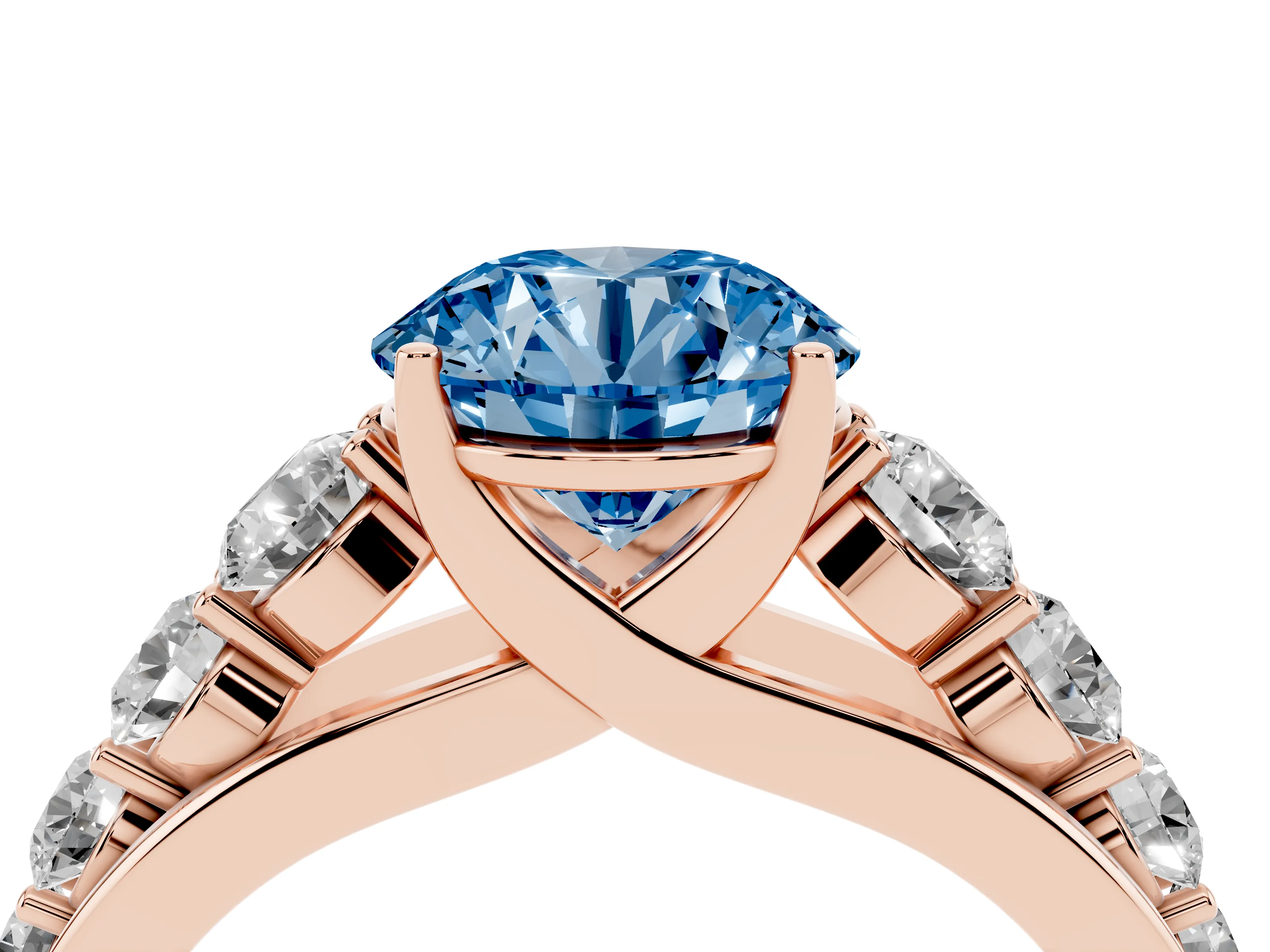 Fancy Blue Round Cut Diamond Solitaire Ring Set in Rose gold with Pavé-Set Band and Prong Setting