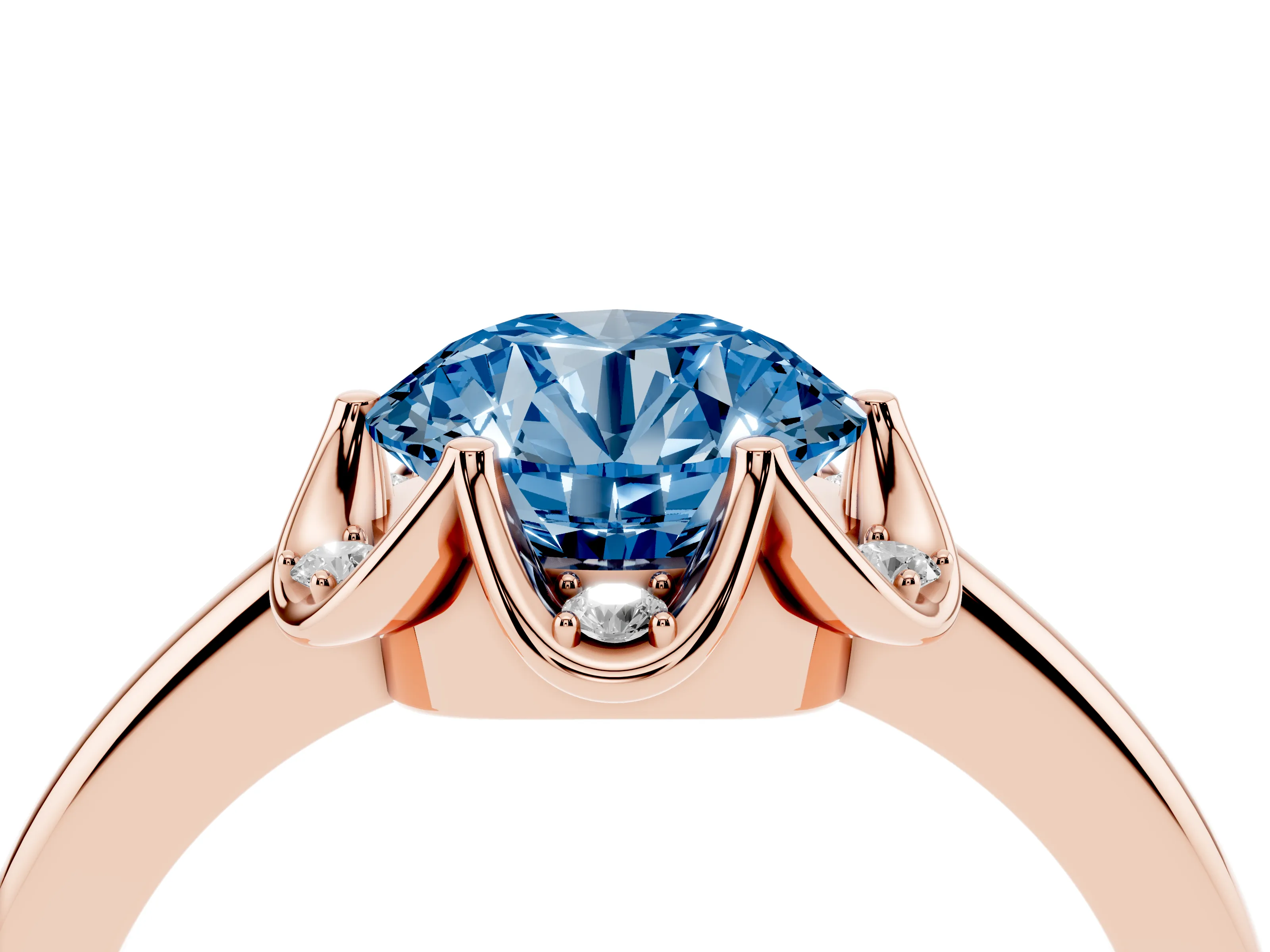 Fancy Blue Round Cut Diamond Round Cluster Halo Ring Set in Rose gold with Solitaire Band and Prong Setting
