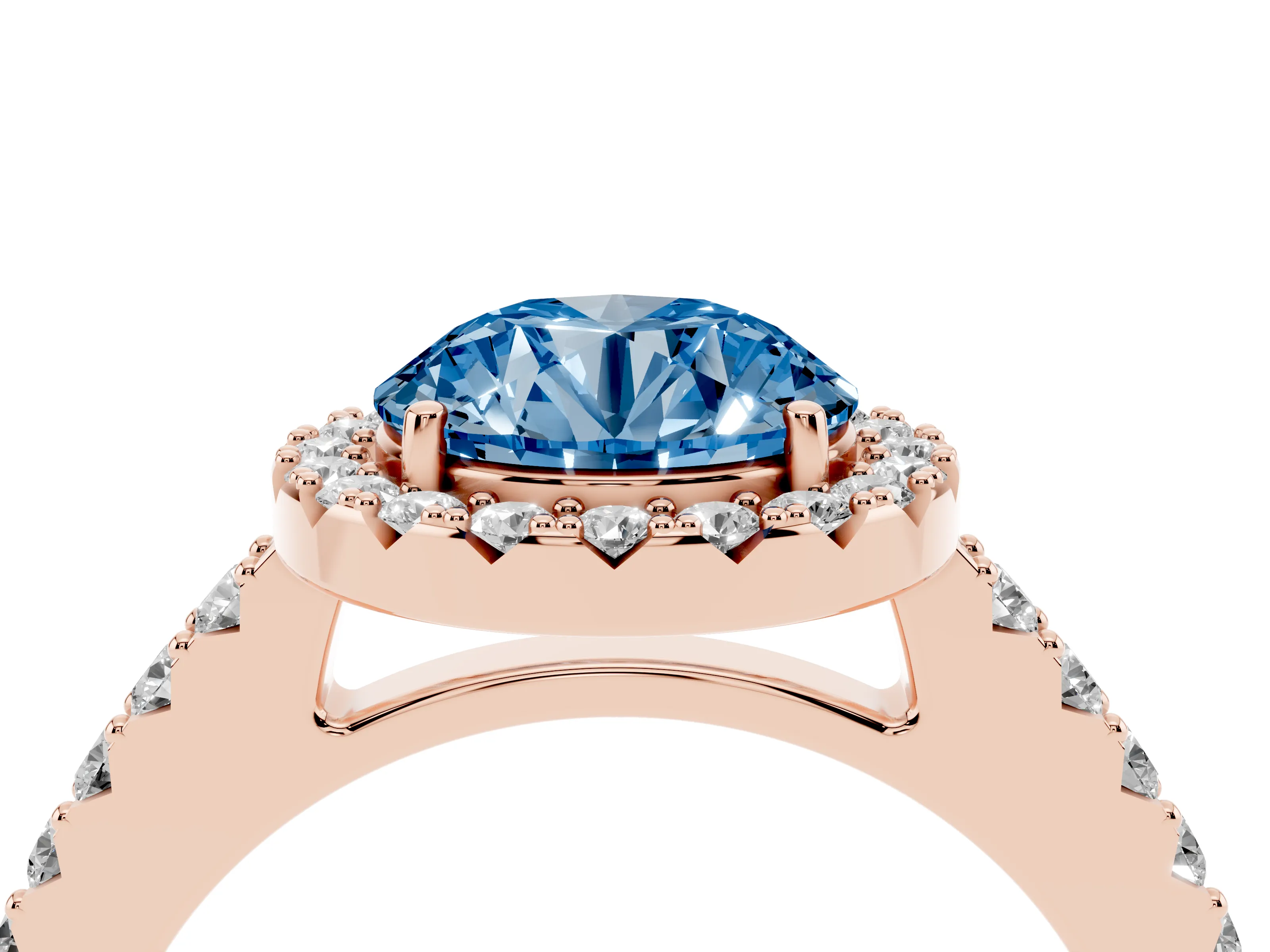 Fancy Blue Round Cut Diamond Halo Pavé Solitaire Ring Set in Rose gold with Prong-Set Center Stone