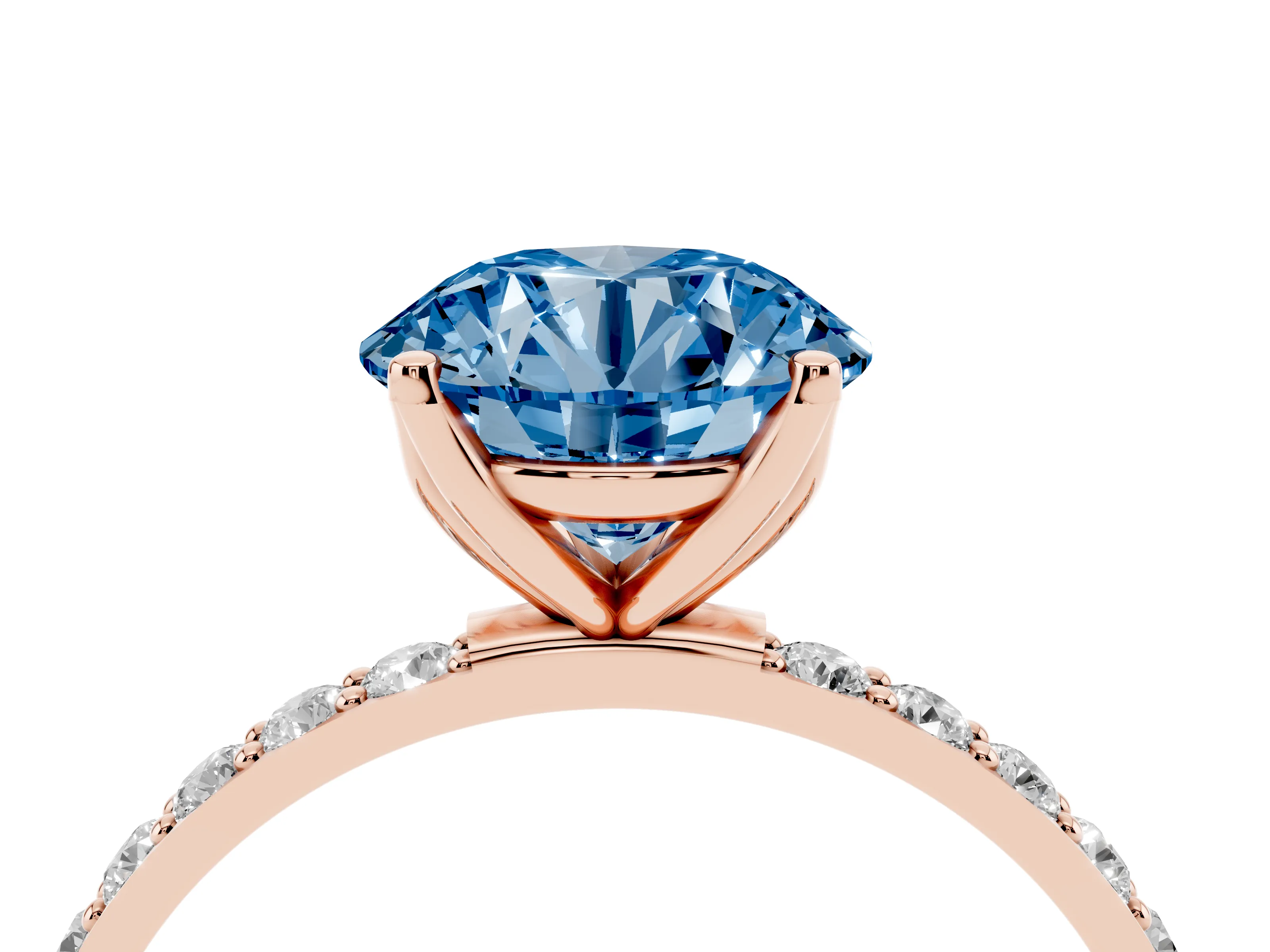 Fancy Blue Round Cut Diamond Solitaire Engagement Ring Set in Rose gold with Round Pavé Band and Prong Setting