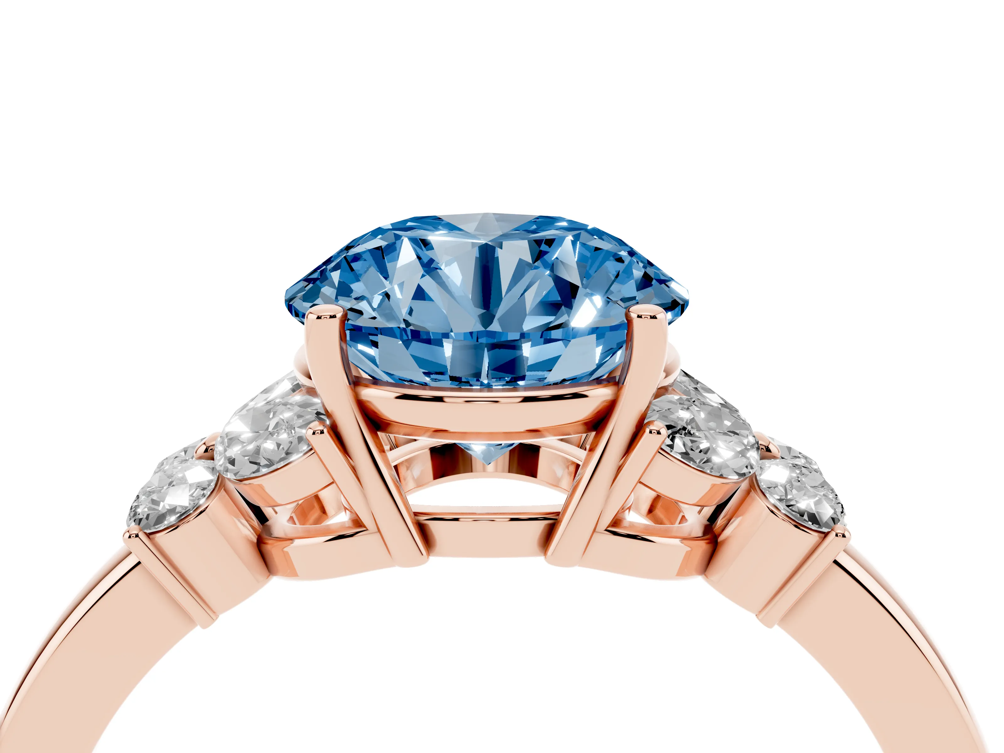 Fancy Blue Round Cut Diamond Solitaire Floral Ring Set in Rose gold with Marquise Petals and Prong Setting