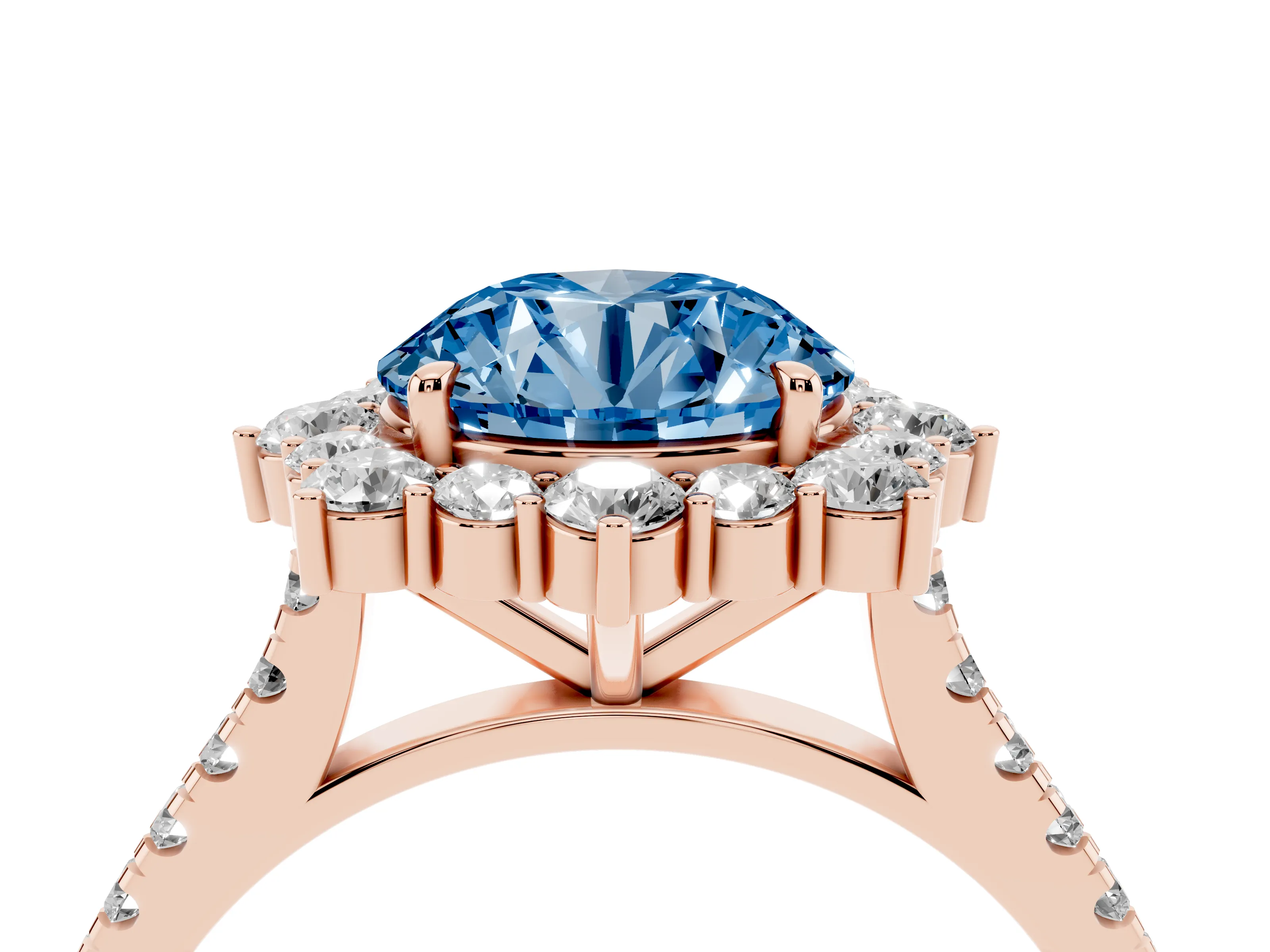 Fancy Blue Round Cut Diamond Halo Ring Set in Rose gold with Pavé Band and Prong Setting