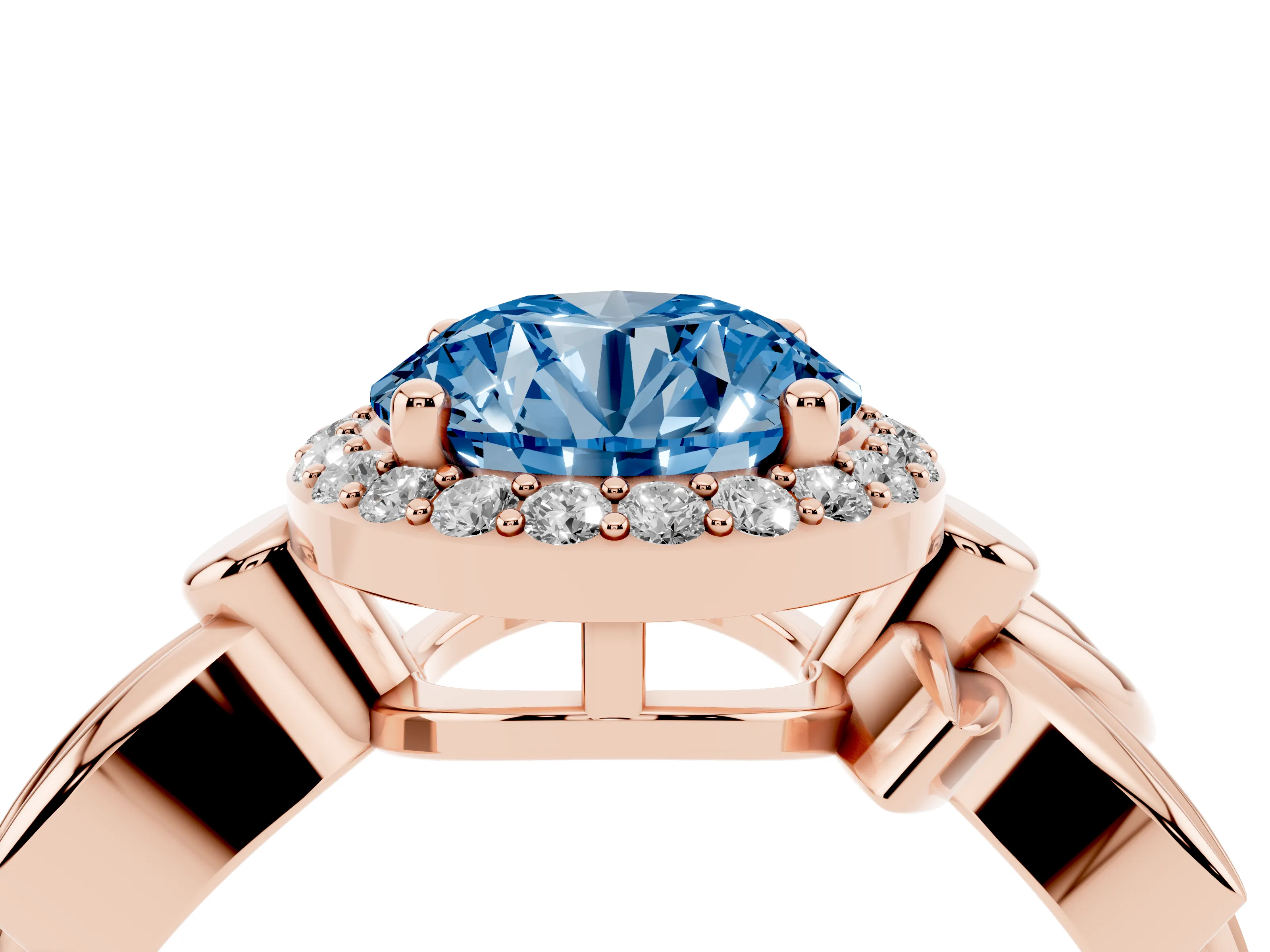 Fancy Blue Round Cut Diamond Halo Floral Band Ring Set in Rose gold with Prong Setting