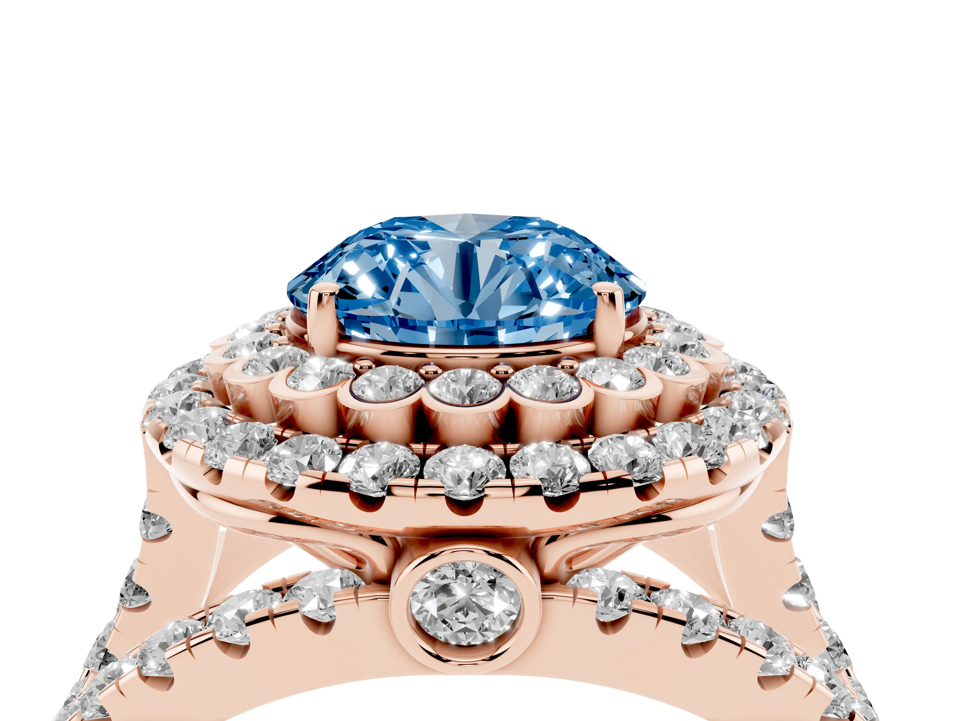 Fancy Blue Round Cut Diamond Double Halo Ring Set in Rose gold with Round Pavé Split Shank