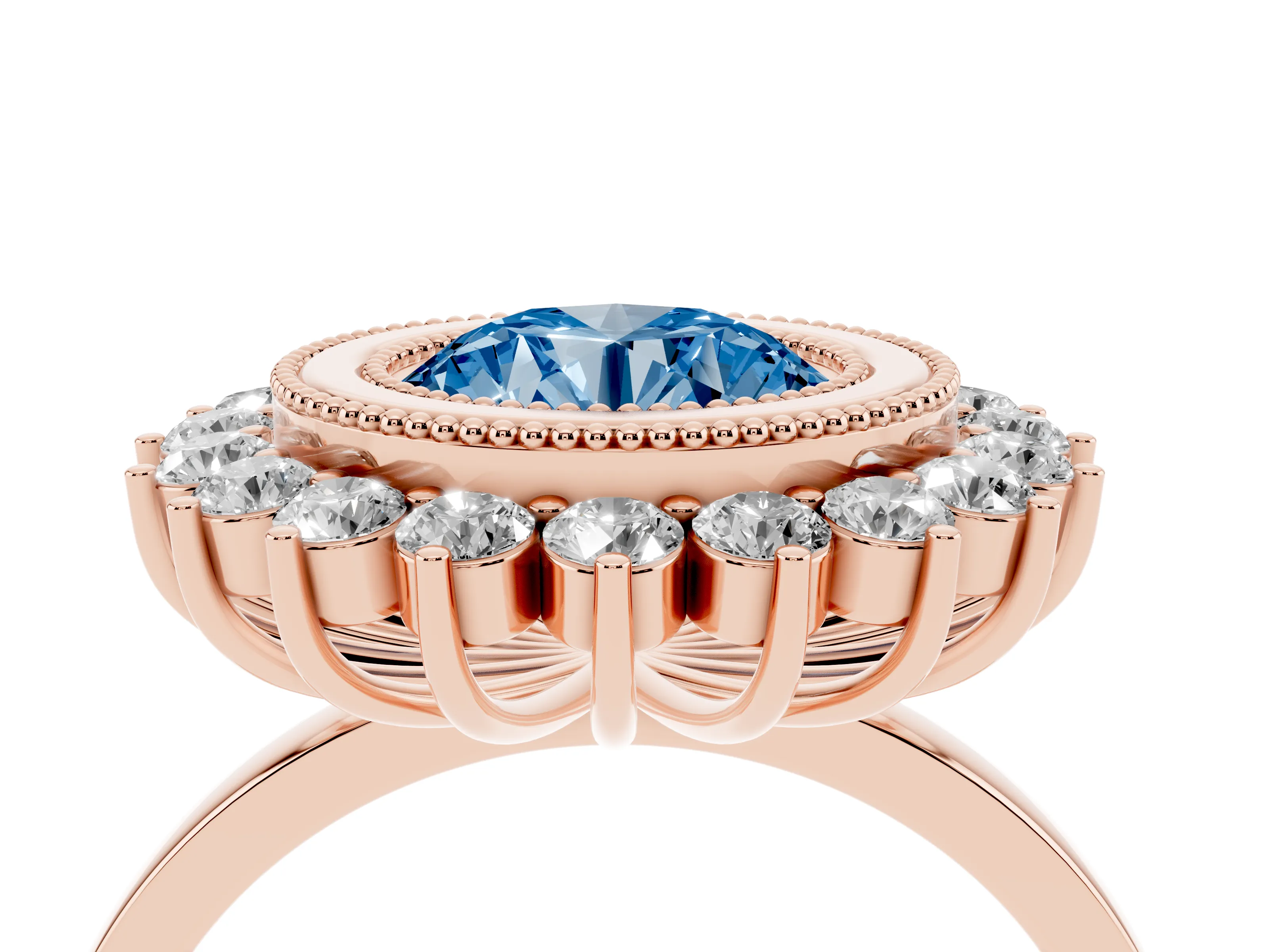 Fancy Blue Round Cut Diamond Halo Ring Set in Rose gold with Milgrain Edge and Round Prong Setting