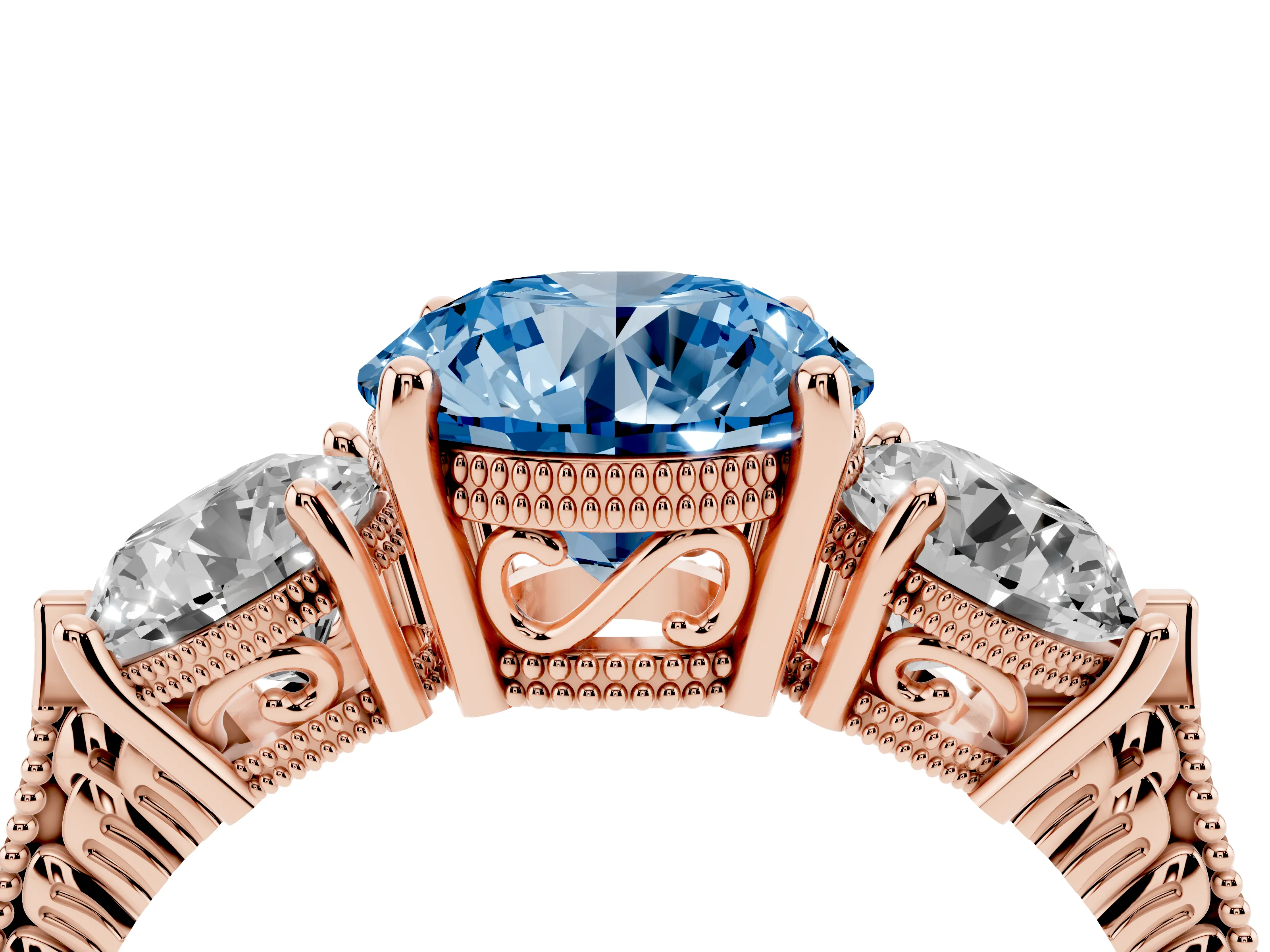 Fancy Blue Round Cut Diamond Three-Stone Ring Set in Rose gold with Milgrain Band